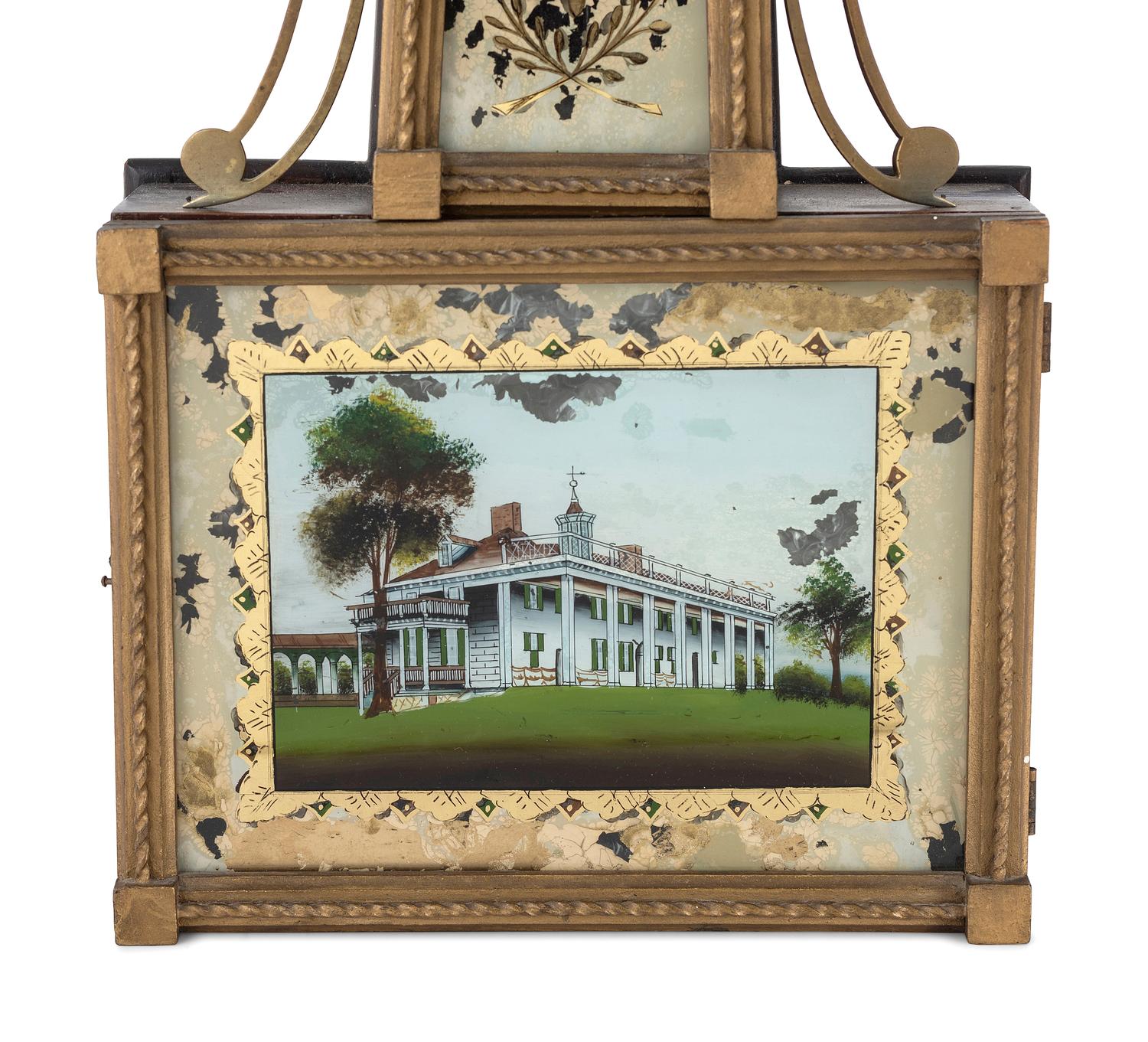 A Federal Eglomise Inset, Parcel Gilt George Washington and Mount Vernon Decorated Banjo Clock