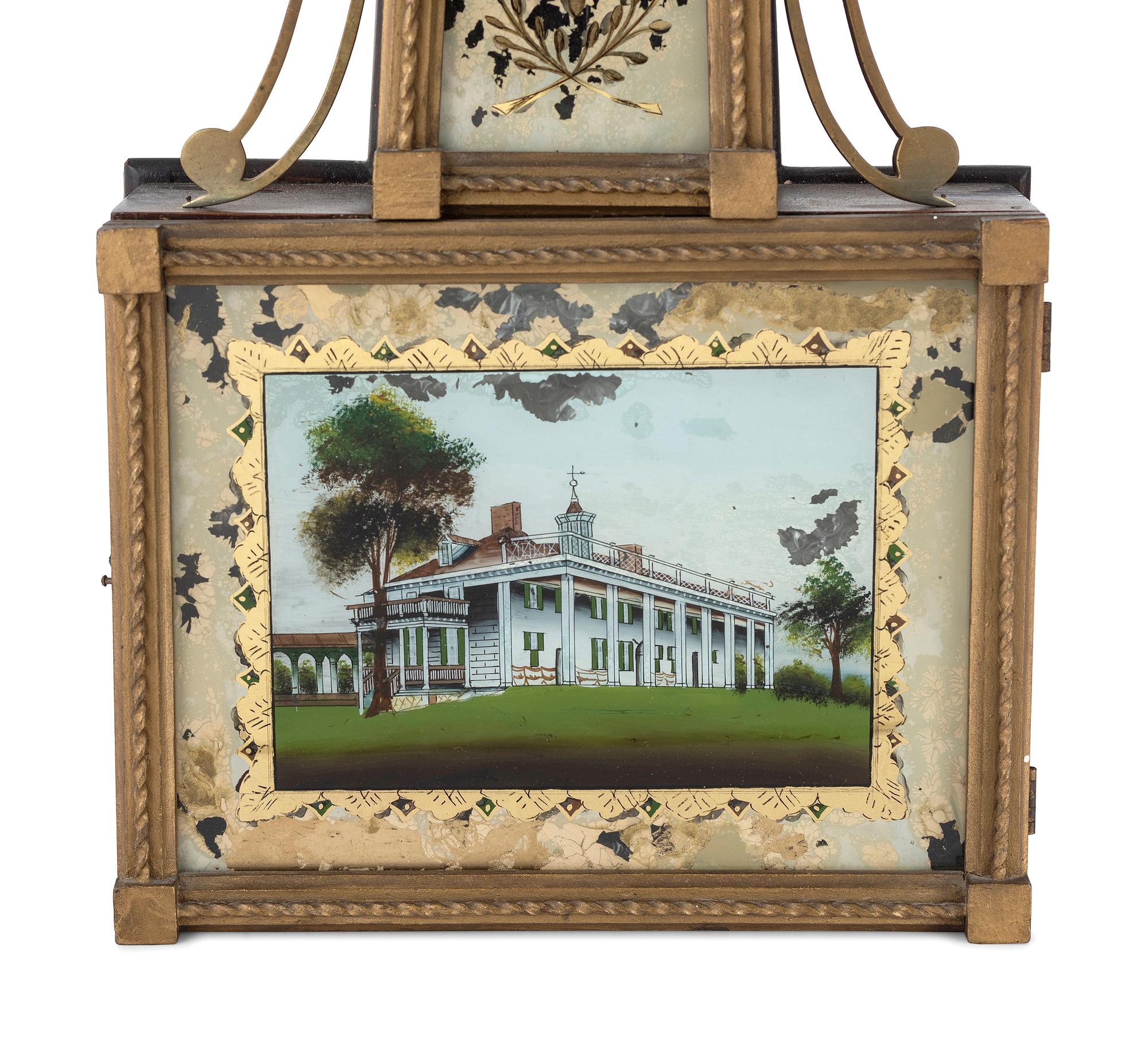 A Federal Eglomise Inset, Parcel Gilt George Washington and Mount Vernon Decorated Banjo Clock