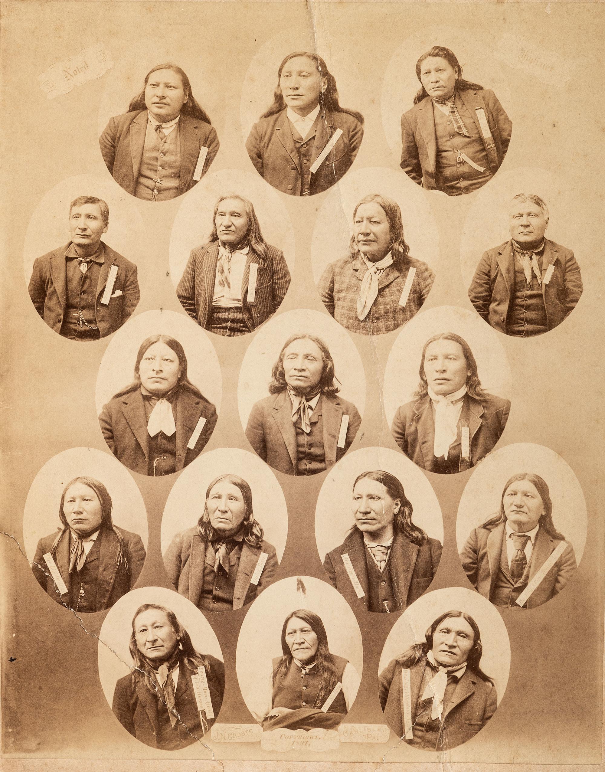 CHOATE, John N. (1848-1902), photographer. Boudoir card featuring Cheyenne student White Buffalo. [Carlisle, PA], ca 1881. [ With: ] 3 mounted photographs featuring chiefs including Red Dog and Boss Sun. Carlisle, PA.