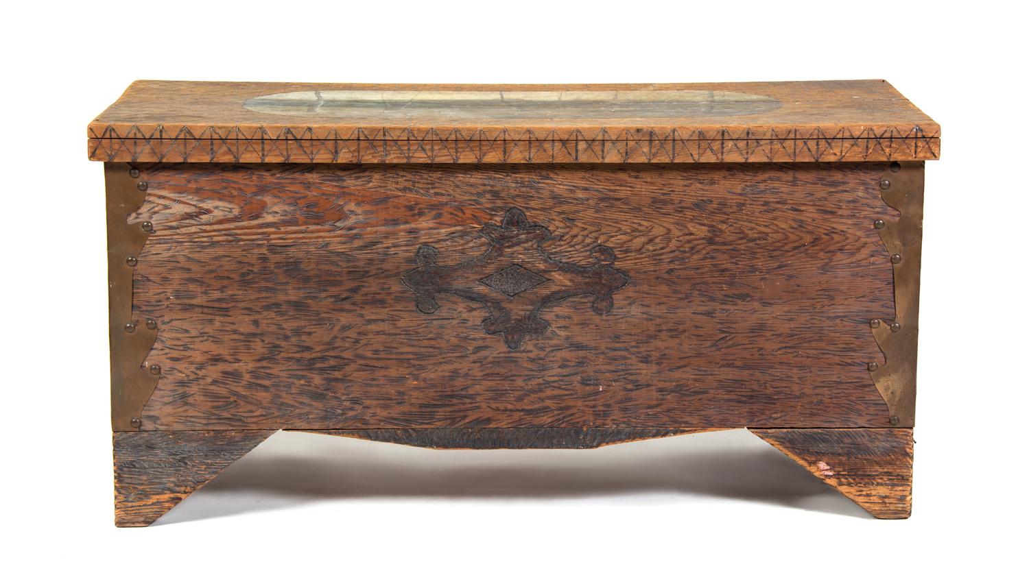 A Polychrome Decorated Oak Blanket Chest Height 25 x width 40 1/2 x depth 19 inches.