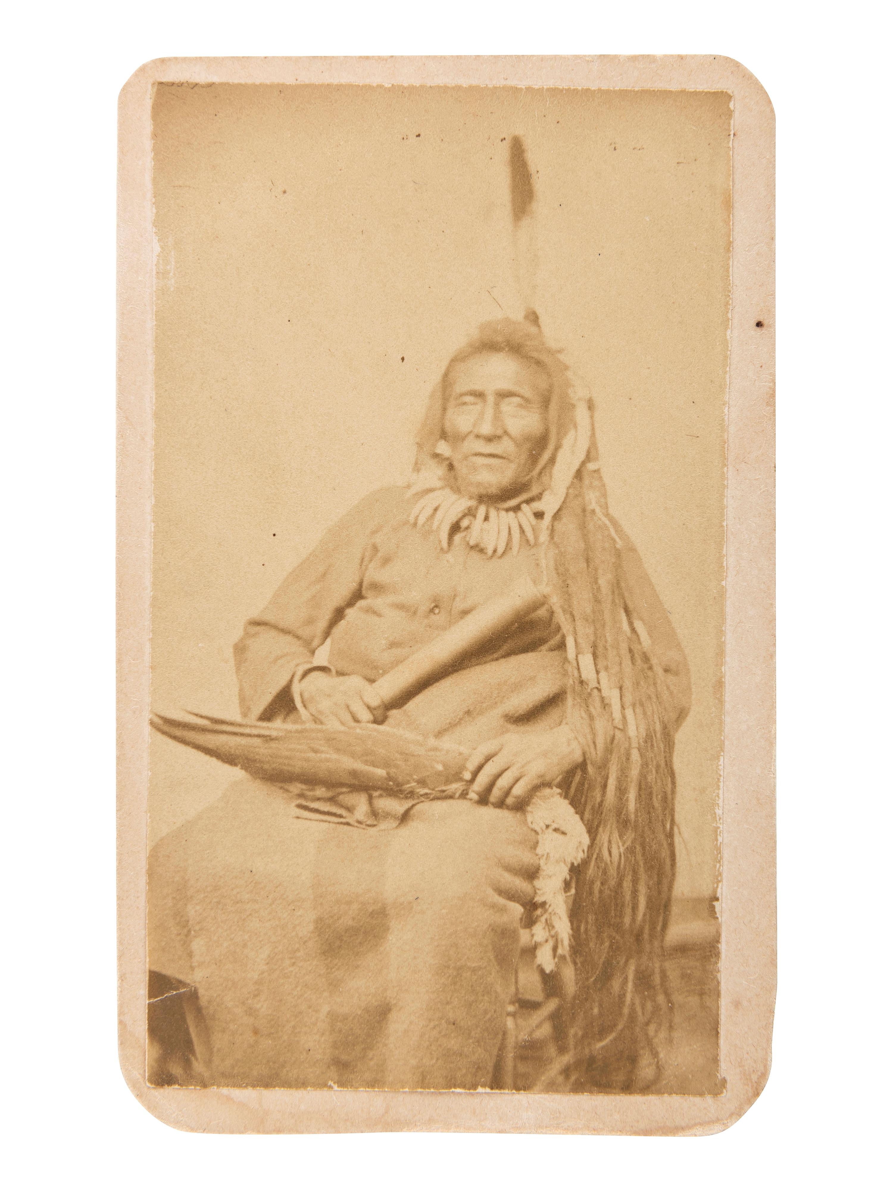 [NATIVE AMERICANS]. MORROW, Stanley J., photographer. CDV of subject identified as Yankton Chief Ma-do-ca (The Buck). Yankton, Dakota Territory.