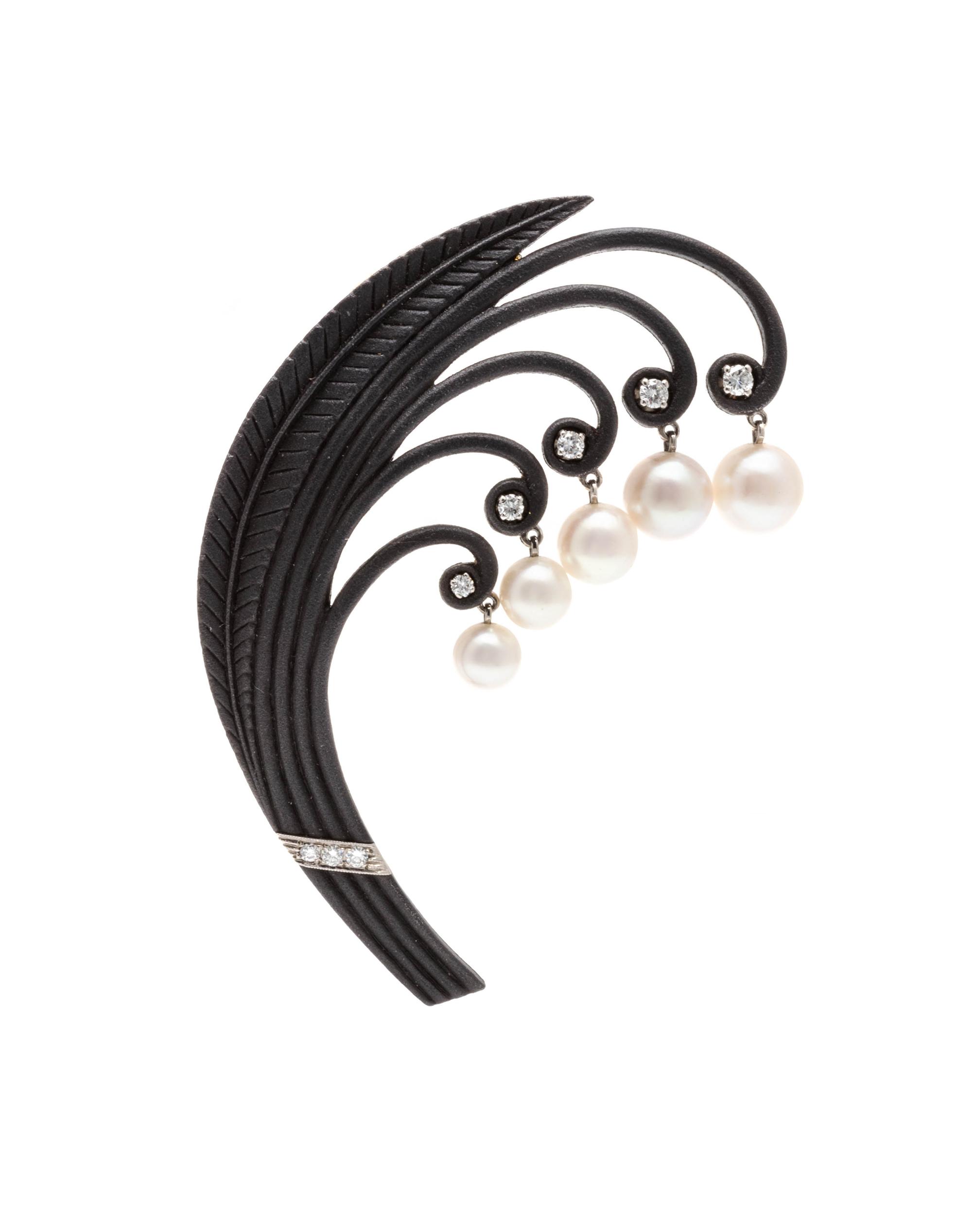 MARSH & CO., ART MODERNE, BLACKENED STEEL, CULTURED PEARL AND DIAMOND BROOCH