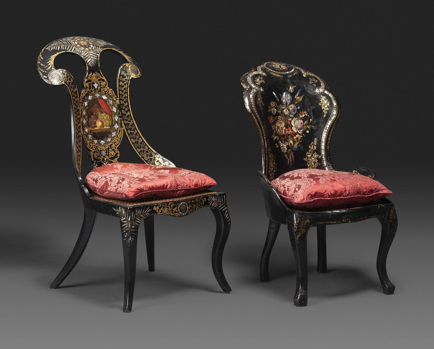 Two Victorian Black Lacquered Parcel-Gilt and Mother-of-Pearl Inlaid Cane Upholstered Slipper Chairs