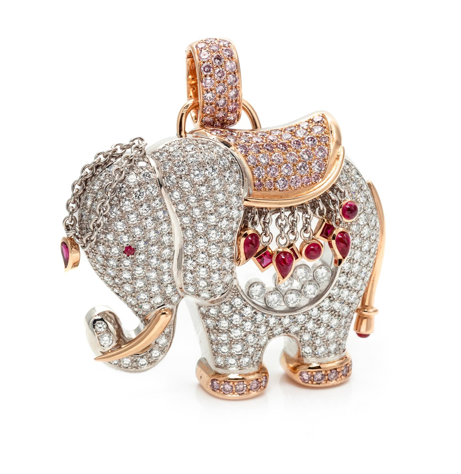 An 18 Karat Bicolor Gold, Diamond, Colored Diamond and Ruby 'Happy Elephant' Pendant, Chopard,