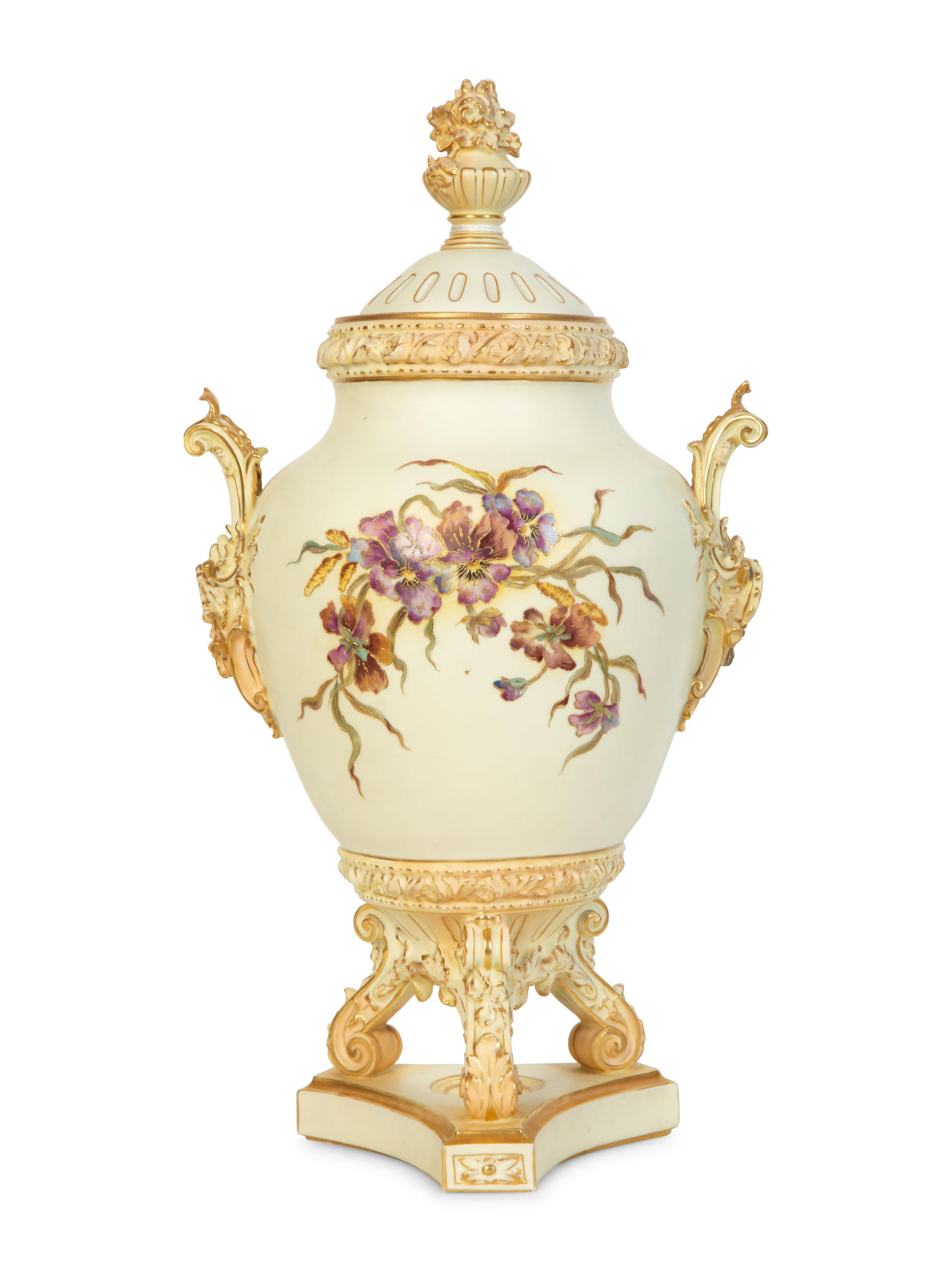 A Rudolstadt Painted and Parcel Gilt Porcelain Lidded Urn