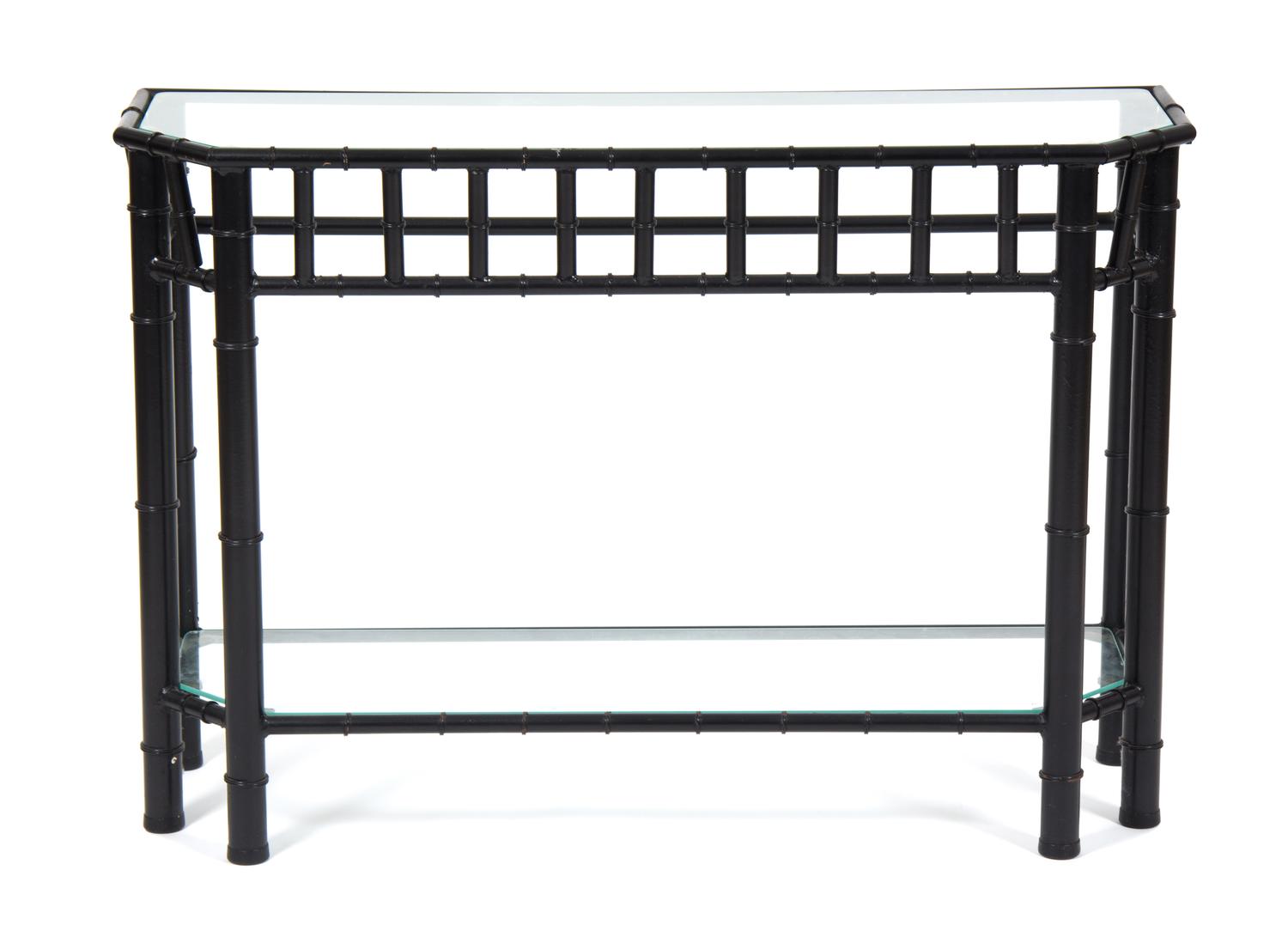 A Black Painted Faux Bamboo Cast Iron Console Table and Mirror Height of console 28 x width 41 x depth 13 inches. — 20TH CENTURY