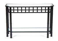 A Black Painted Faux Bamboo Cast Iron Console Table and Mirror Height of console 28 x width 41 x depth 13 inches. — 20TH CENTURY