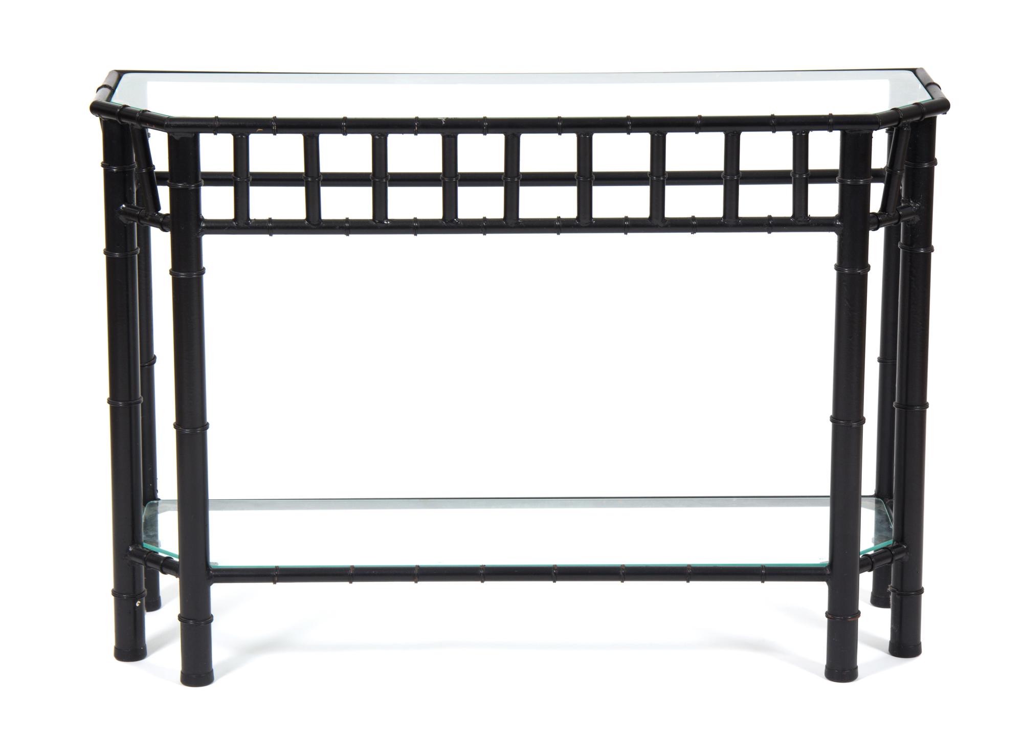 A Black Painted Faux Bamboo Cast Iron Console Table and Mirror Height of console 28 x width 41 x depth 13 inches. — 20TH CENTURY