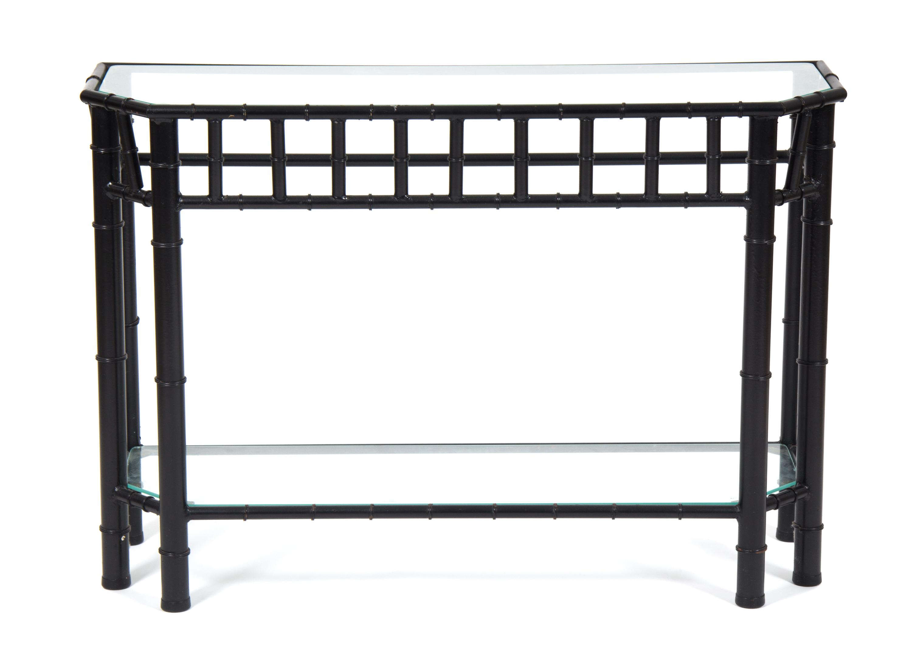 A Black Painted Faux Bamboo Cast Iron Console Table and Mirror Height of console 28 x width 41 x depth 13 inches. — 20TH CENTURY