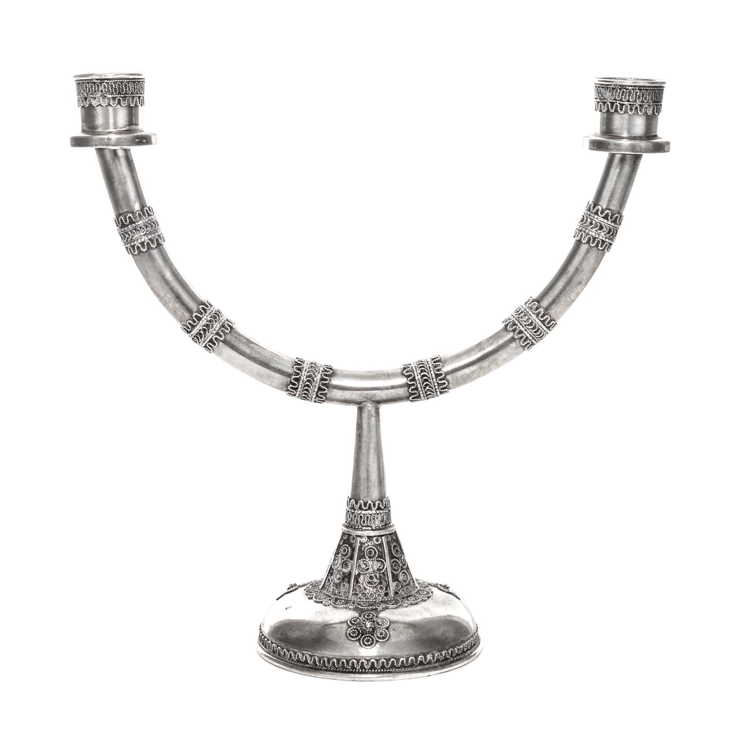An Israeli Silver Menorah and Sabbath Candelabrum, 20th Century, the detachable top having an eight candle bench with wireworked decora