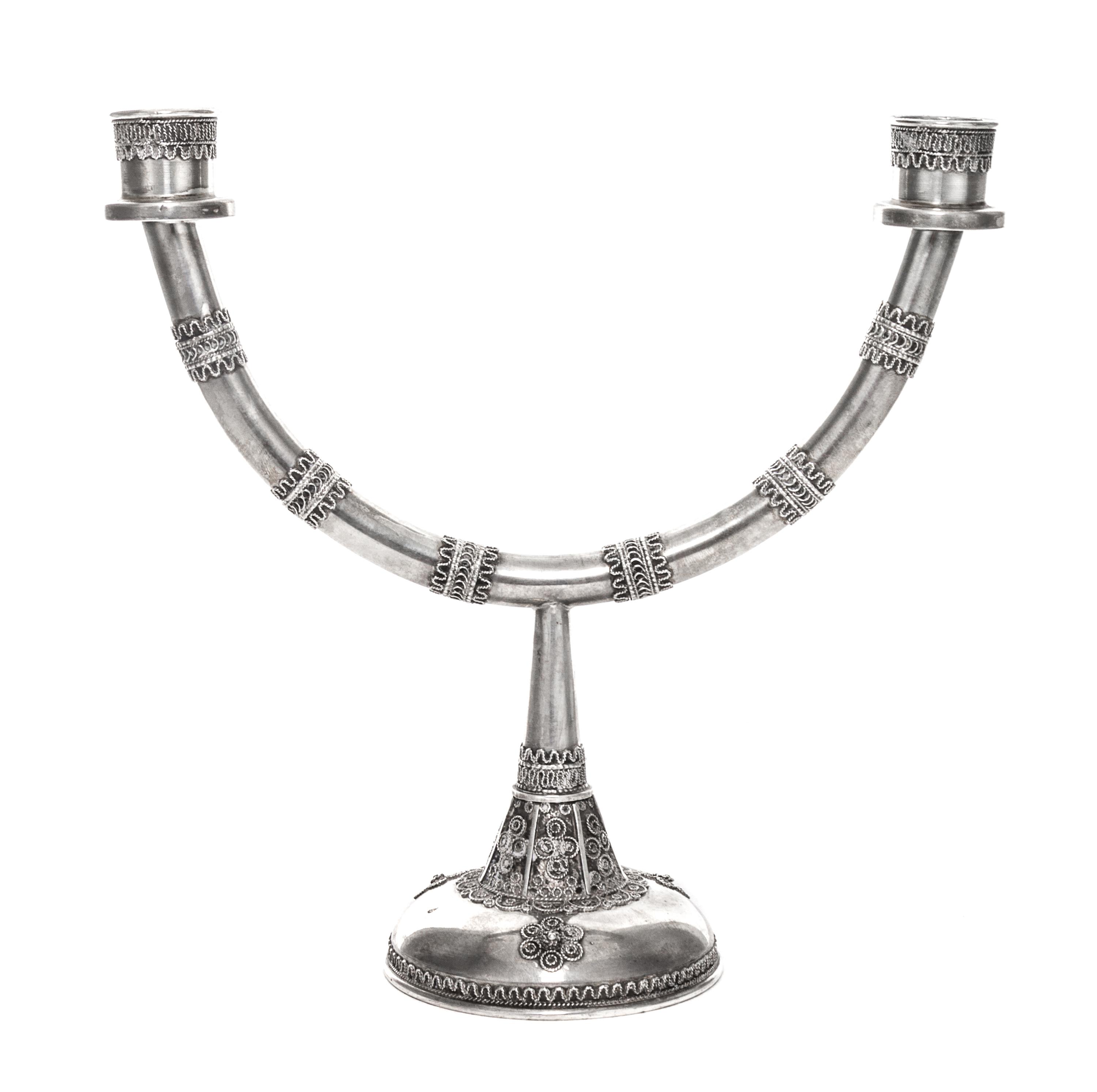 An Israeli Silver Menorah and Sabbath Candelabrum, 20th Century, the detachable top having an eight candle bench with wireworked decora