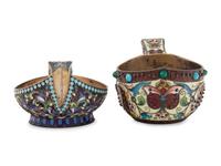 Two Russian Enameled Silver Kovshi