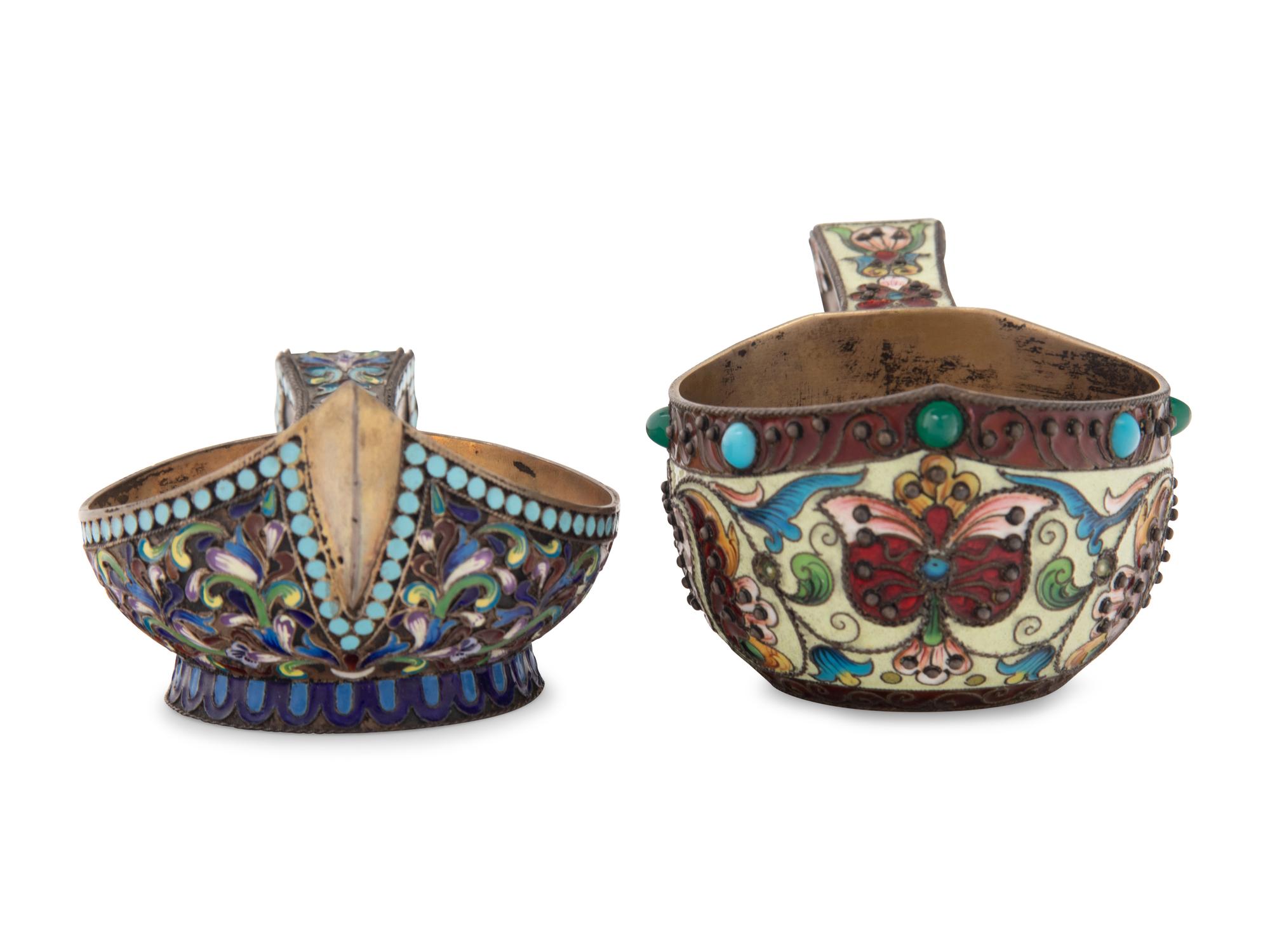 Two Russian Enameled Silver Kovshi