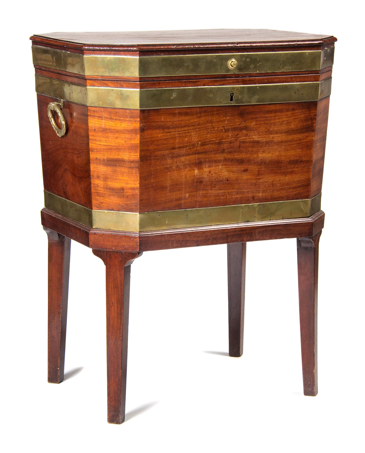 A George III Style Brass Banded Mahogany Cellarette Height 27 x width 20 x depth 15 1/2 inches. — 19TH CENTURY