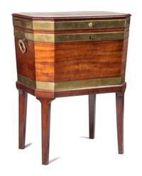 A George III Style Brass Banded Mahogany Cellarette Height 27 x width 20 x depth 15 1/2 inches. — 19TH CENTURY