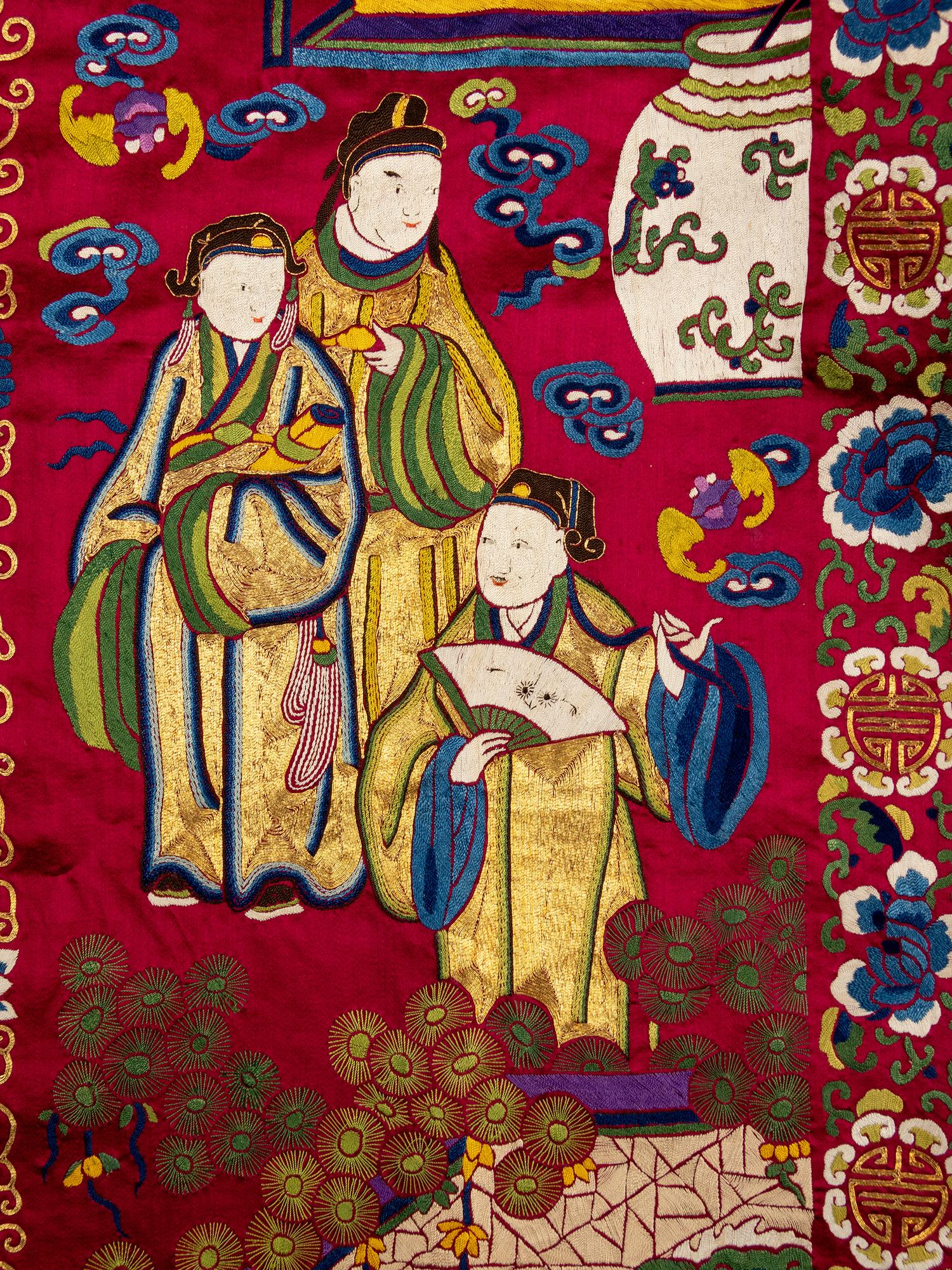 An Impressively Large Chinese Burgundy Ground Embroidered Silk 'Birthday' Wall Panel, Dated 1868 清同治七年（1868） 絳紅緞綉賀壽圖大挂屏