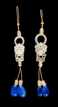 A Pair of Chinese Jade and Blue Glass Pendants