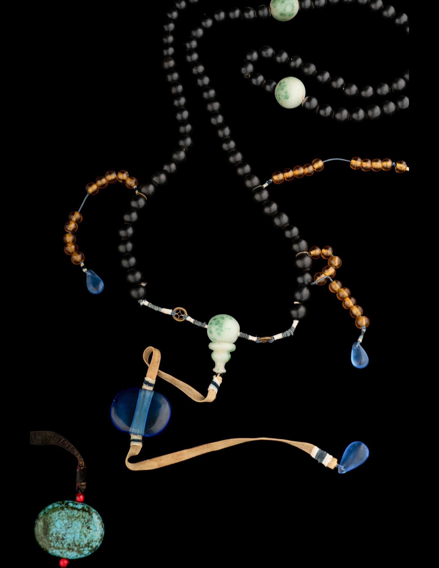Two Chinese Court Necklaces, Chaozhu, with A Black Lacquered Circular Box and Cover