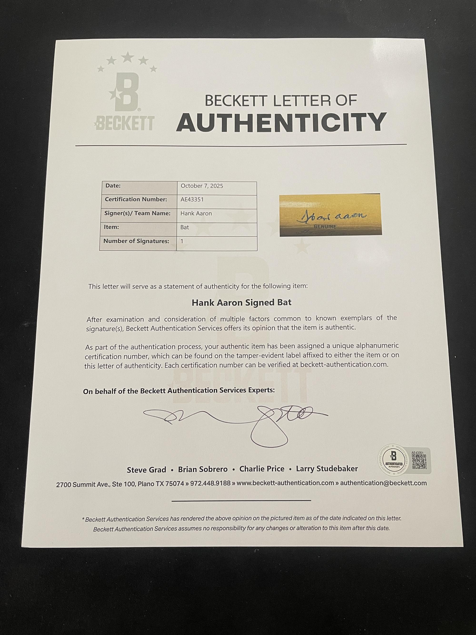 A Hank Aaron Signed Autograph Bat (Beckett Authentication Services Letter)