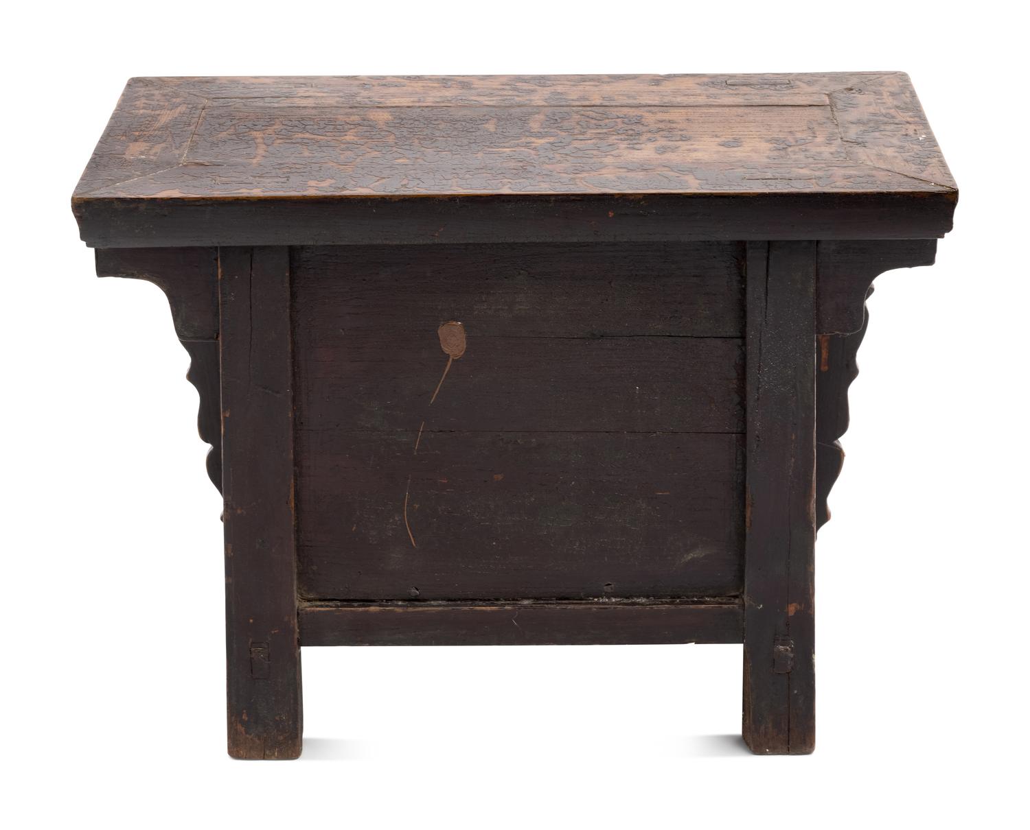 A Chinese Carved and Black Painted Wood Diminutive Chest