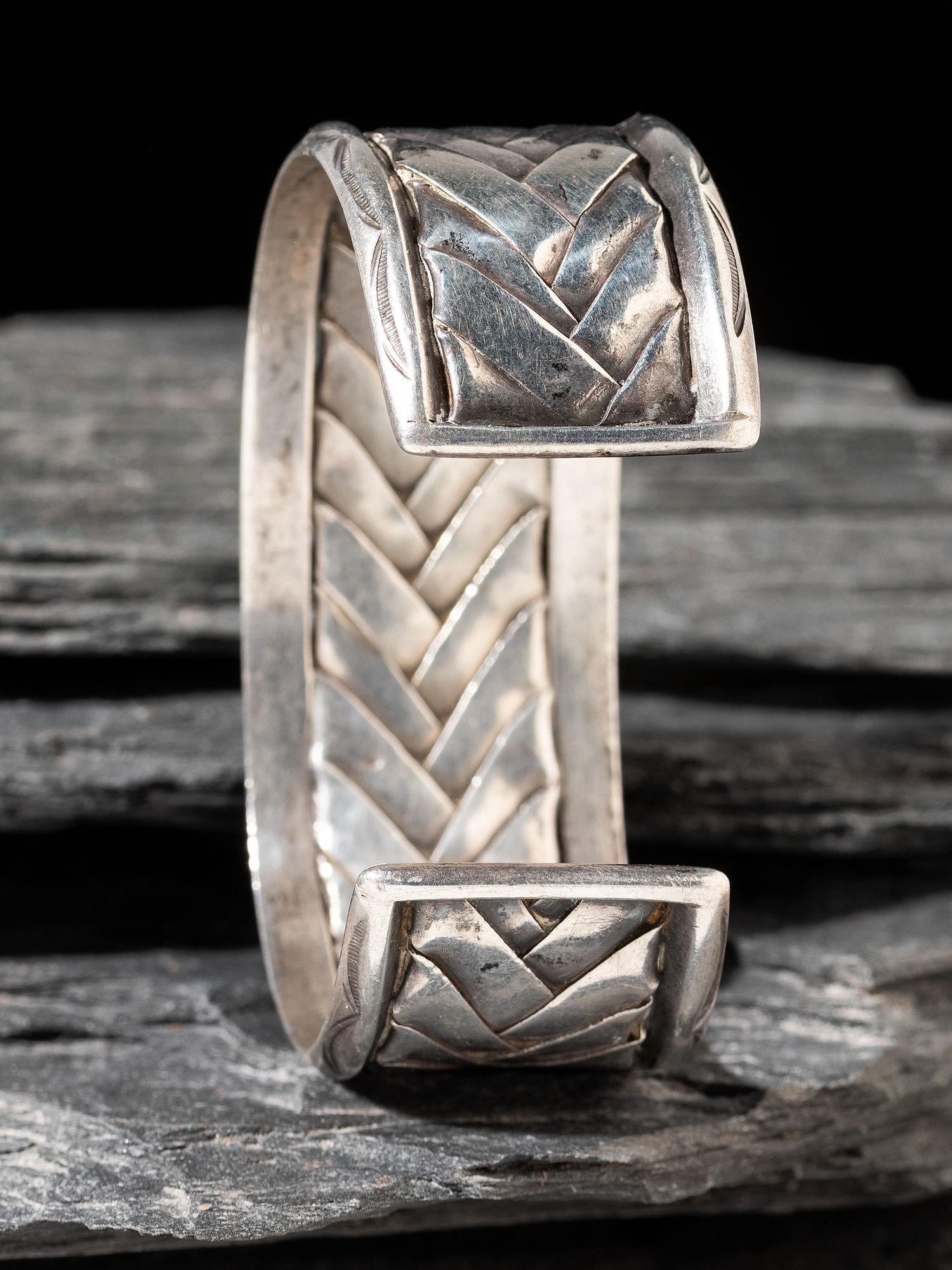 Navajo or Pueblo Woven Silver and Turquoise Cuff Bracelet
