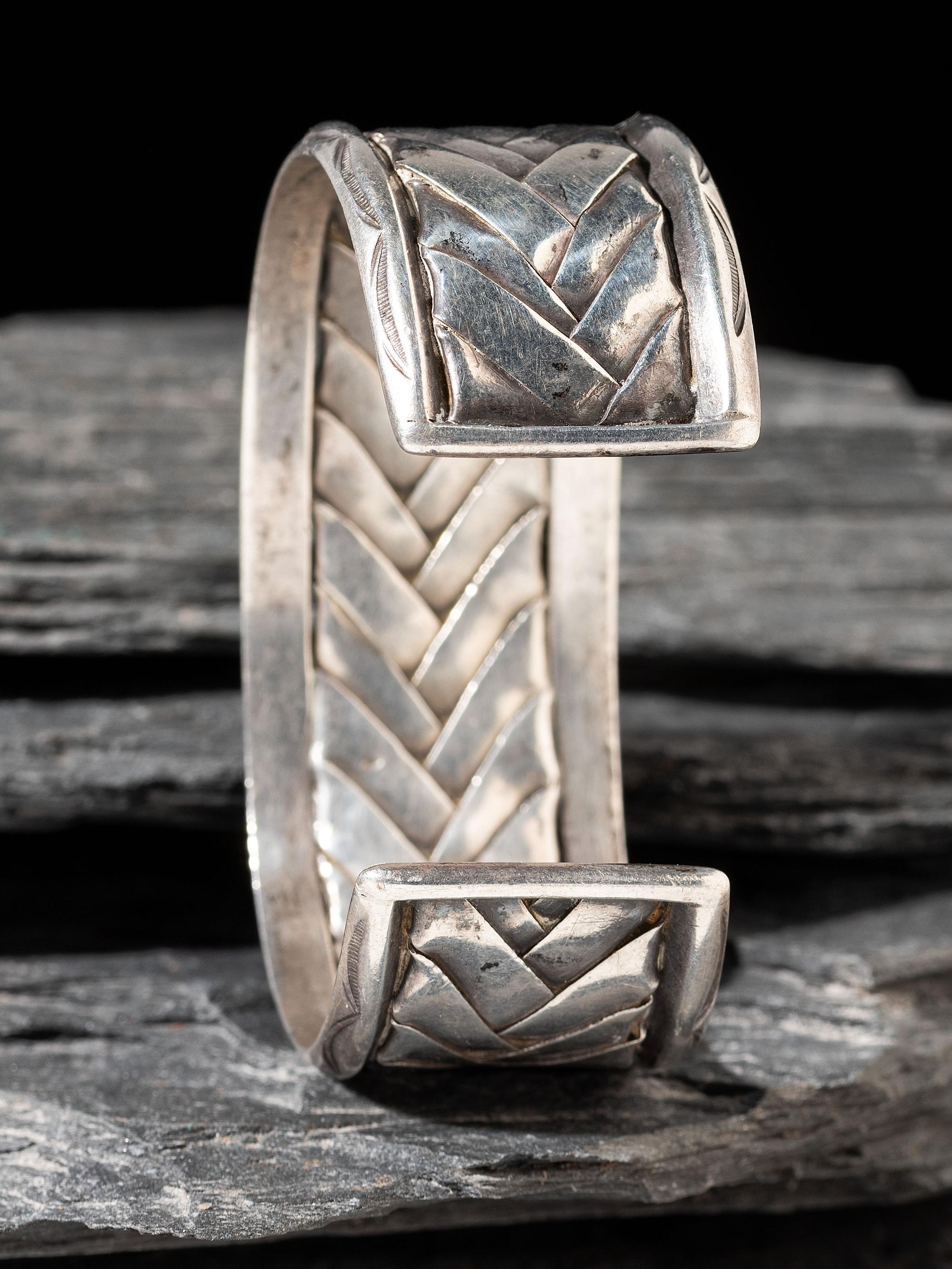 Navajo or Pueblo Woven Silver and Turquoise Cuff Bracelet