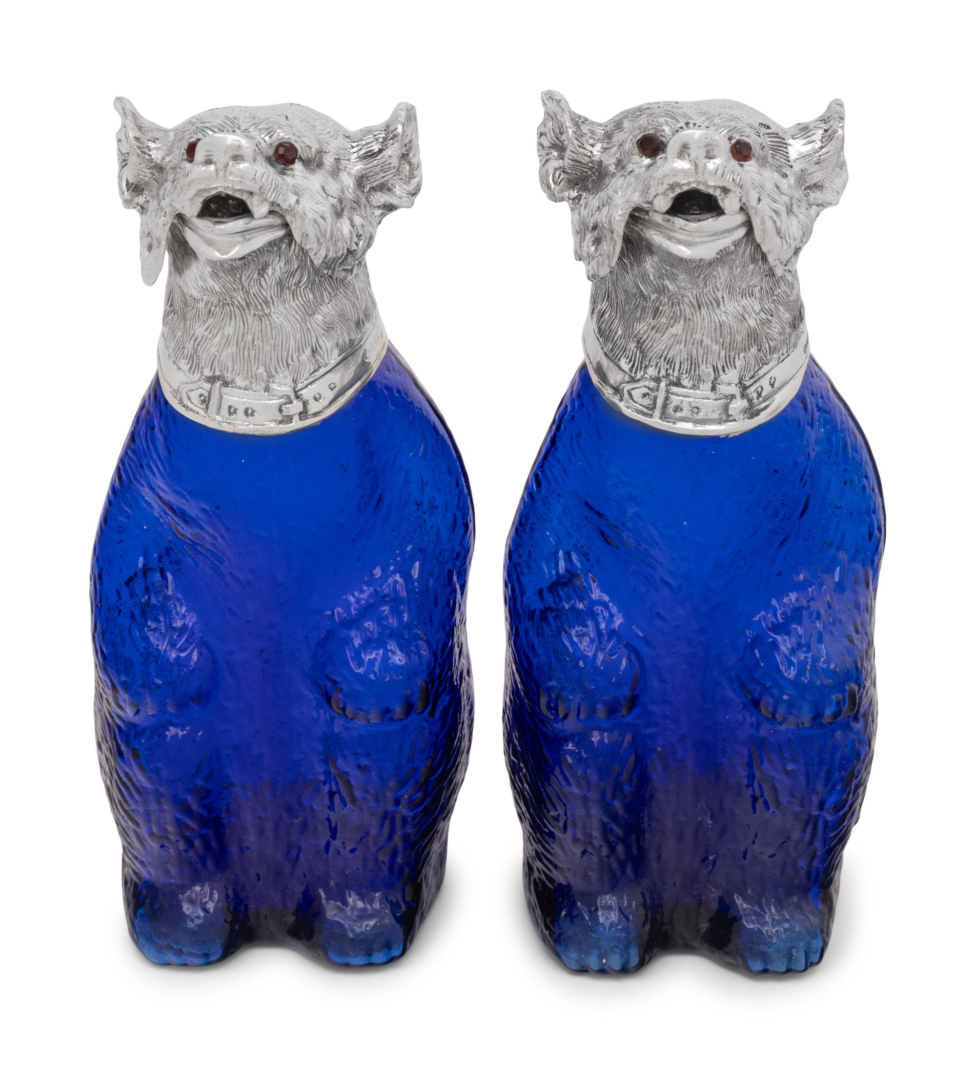 A Pair of Silver-Plate and Colored Glass Bear Decanters