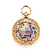 18K YELLOW GOLD AND ENAMEL HUNTER CASE POCKET WATCH