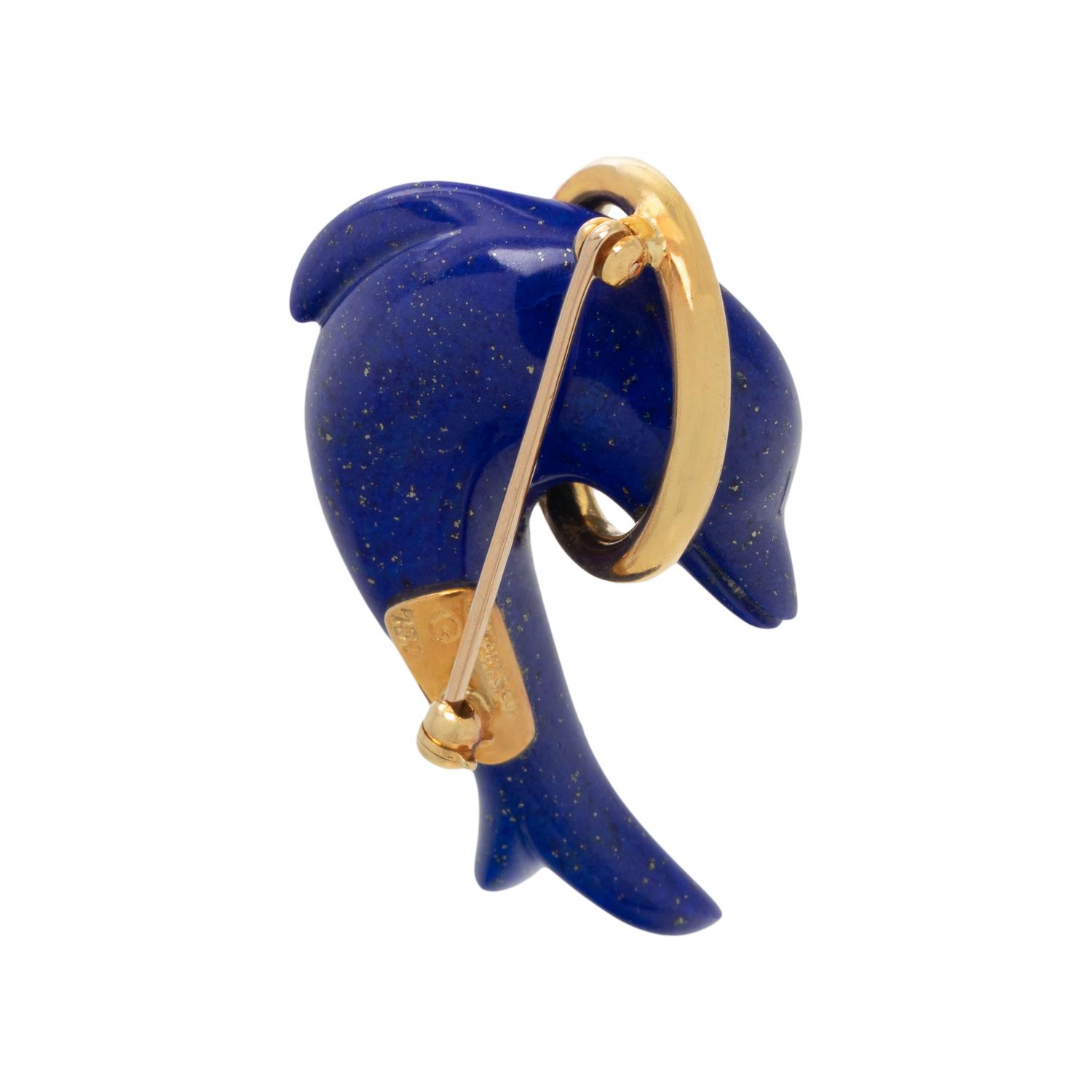 TIFFANY & CO., YELLOW GOLD AND LAPIS LAZULI DOLPHIN BROOCH