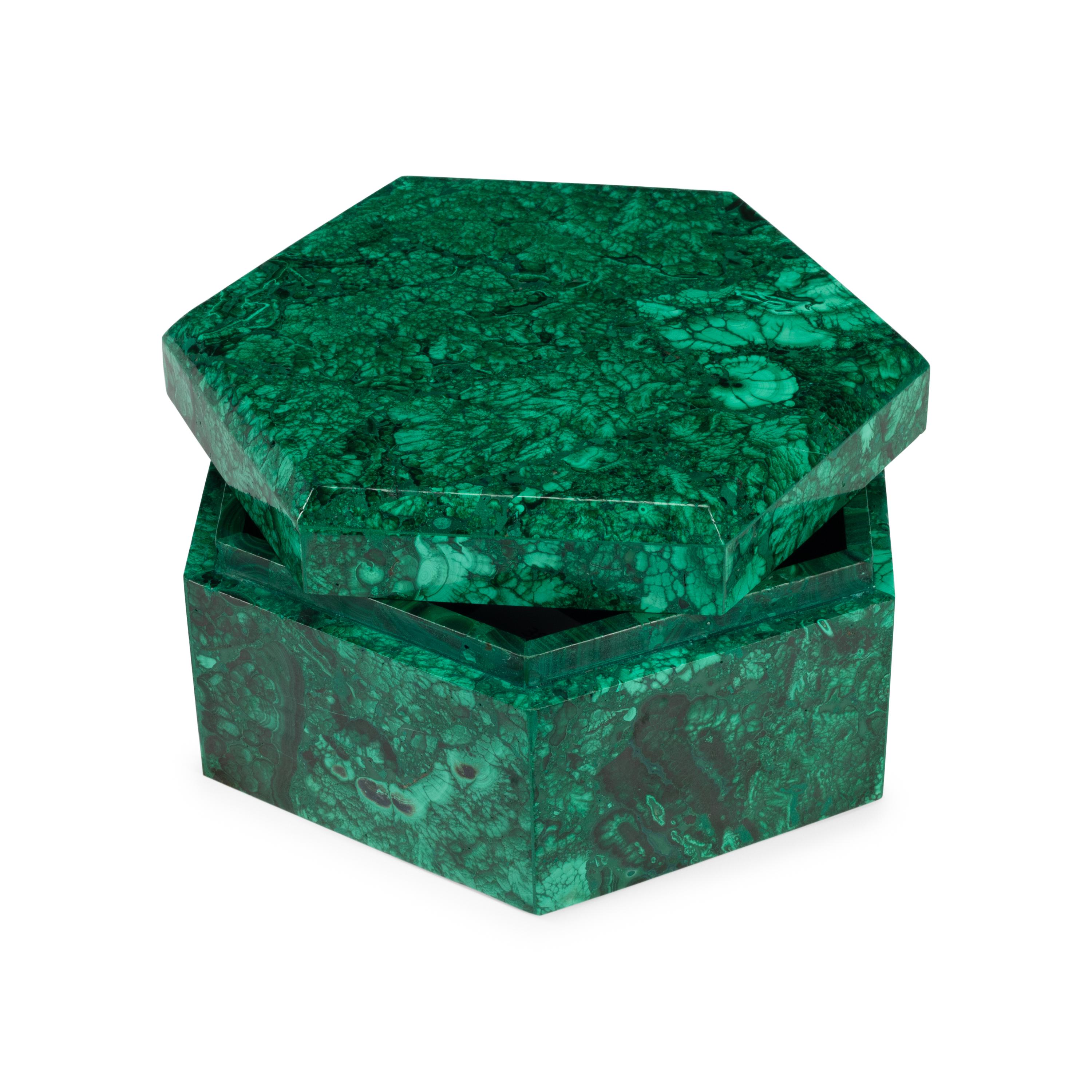 Five Hexagonal Malachite Boxes
