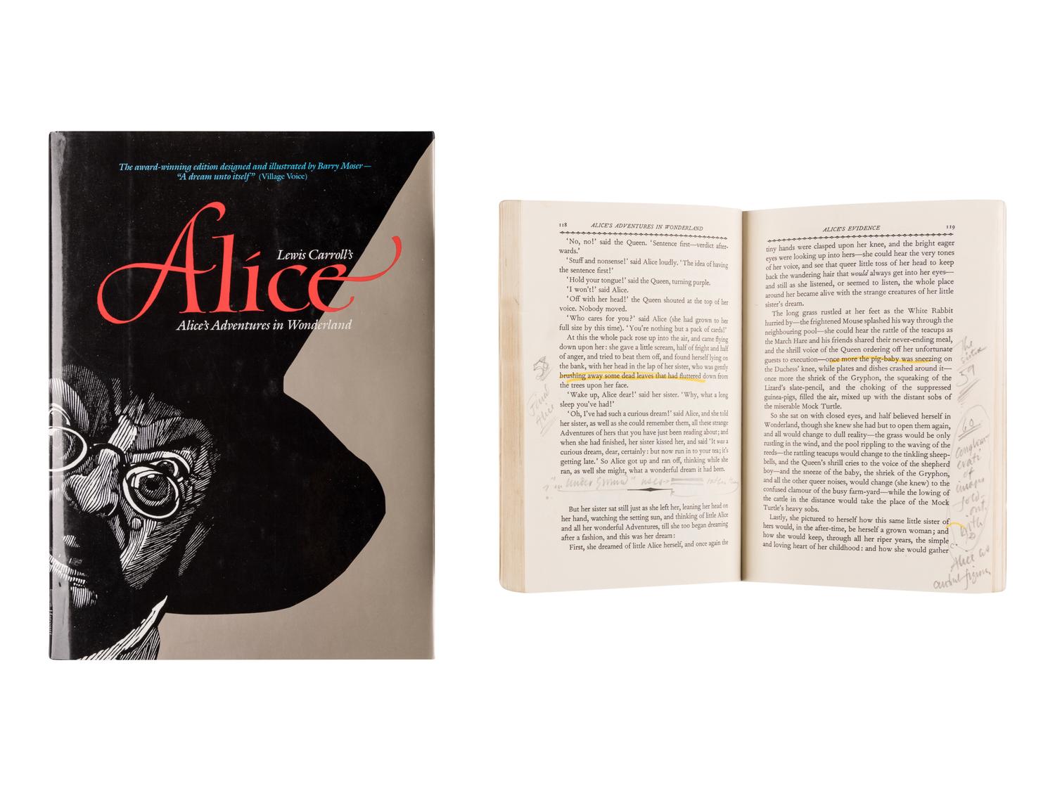 [MOSER, Barry. illustrator]. DODGSON, Charles Lutwidge (“Lewis Carroll”) (1832-1898). Alice’s Adventures in Wonderland & Through the Looking Glass… & The Hunting of the Snark . New York: Schocken Books, 1978.