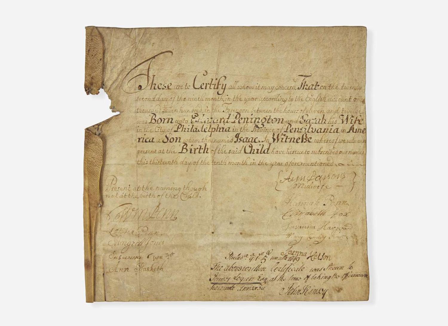 [Philadelphia & Pennsylvania] Penn, William, et al.: Signed Birth Certificate
