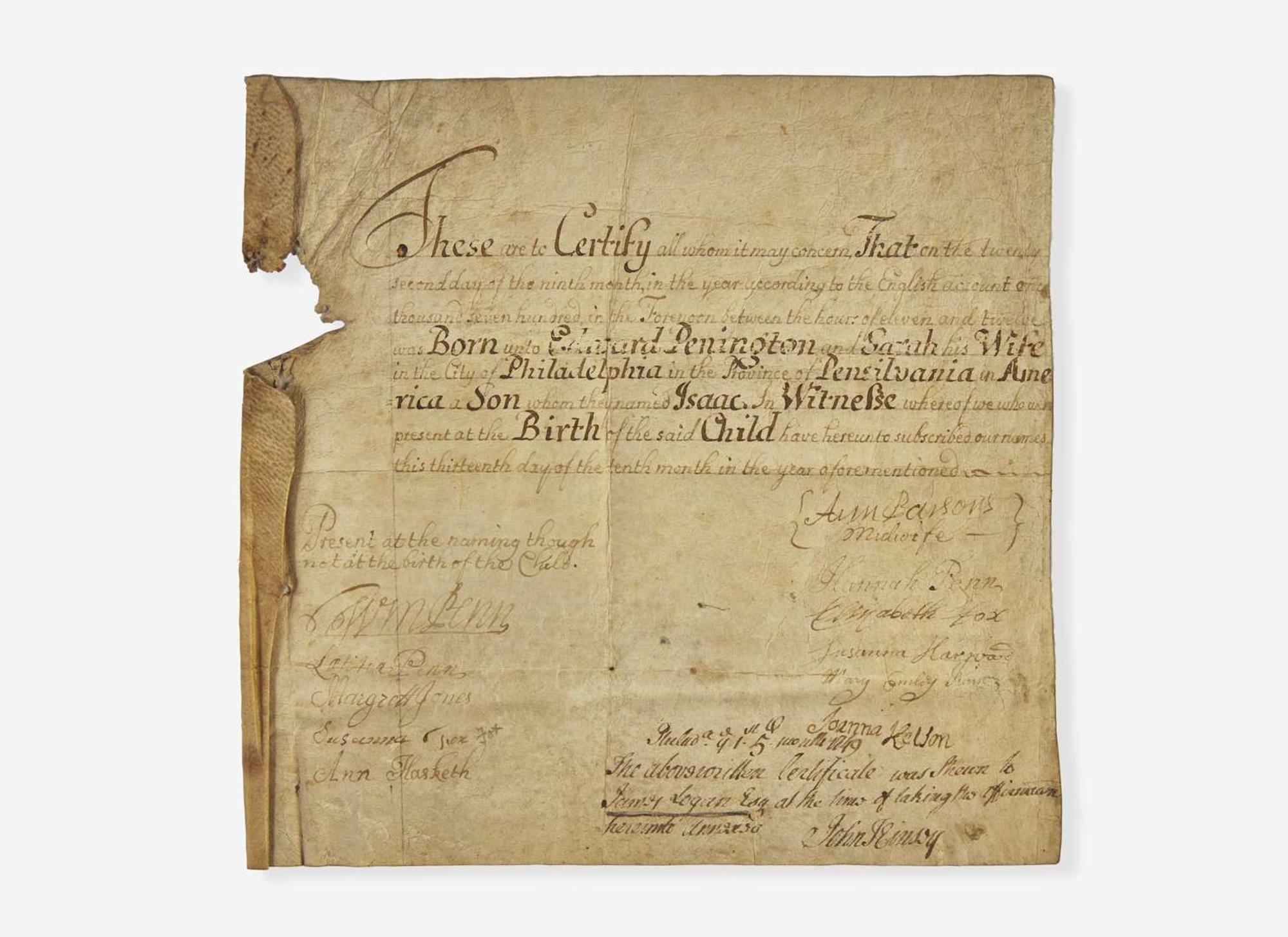 [Philadelphia & Pennsylvania] Penn, William, et al.: Signed Birth Certificate