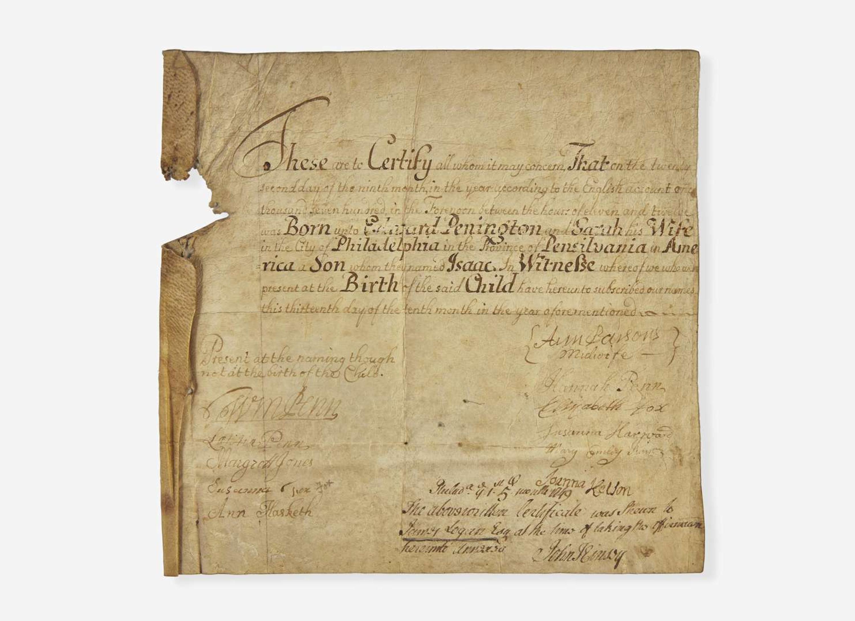 [Philadelphia & Pennsylvania] Penn, William, et al.: Signed Birth Certificate