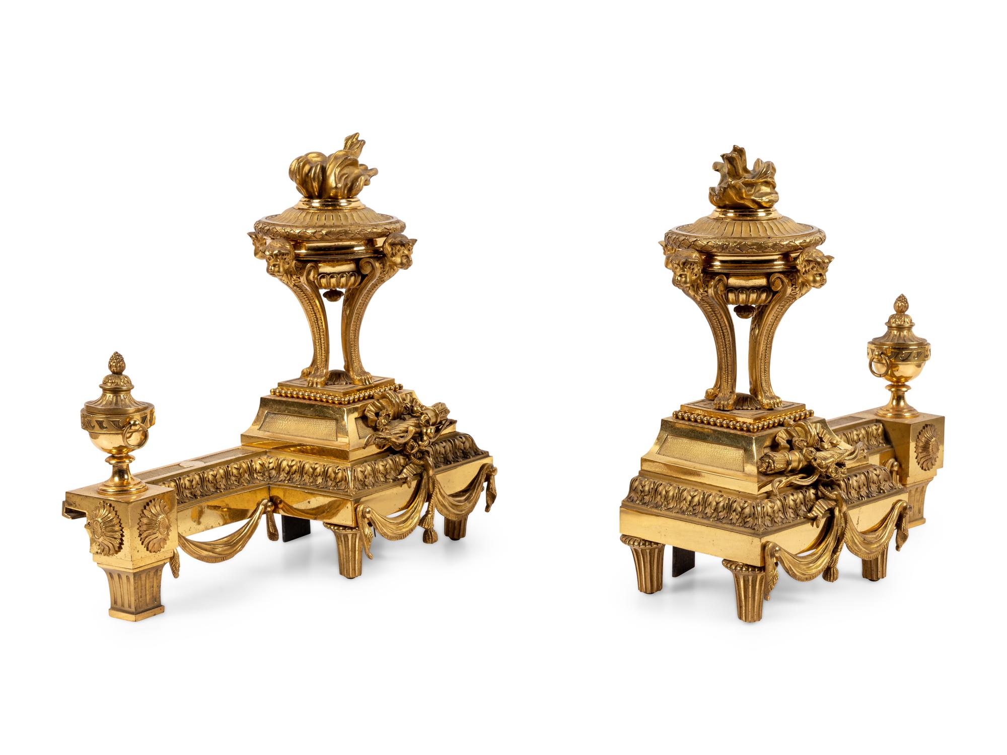 A Pair of French Neoclassical Gilt Bronze Chenets