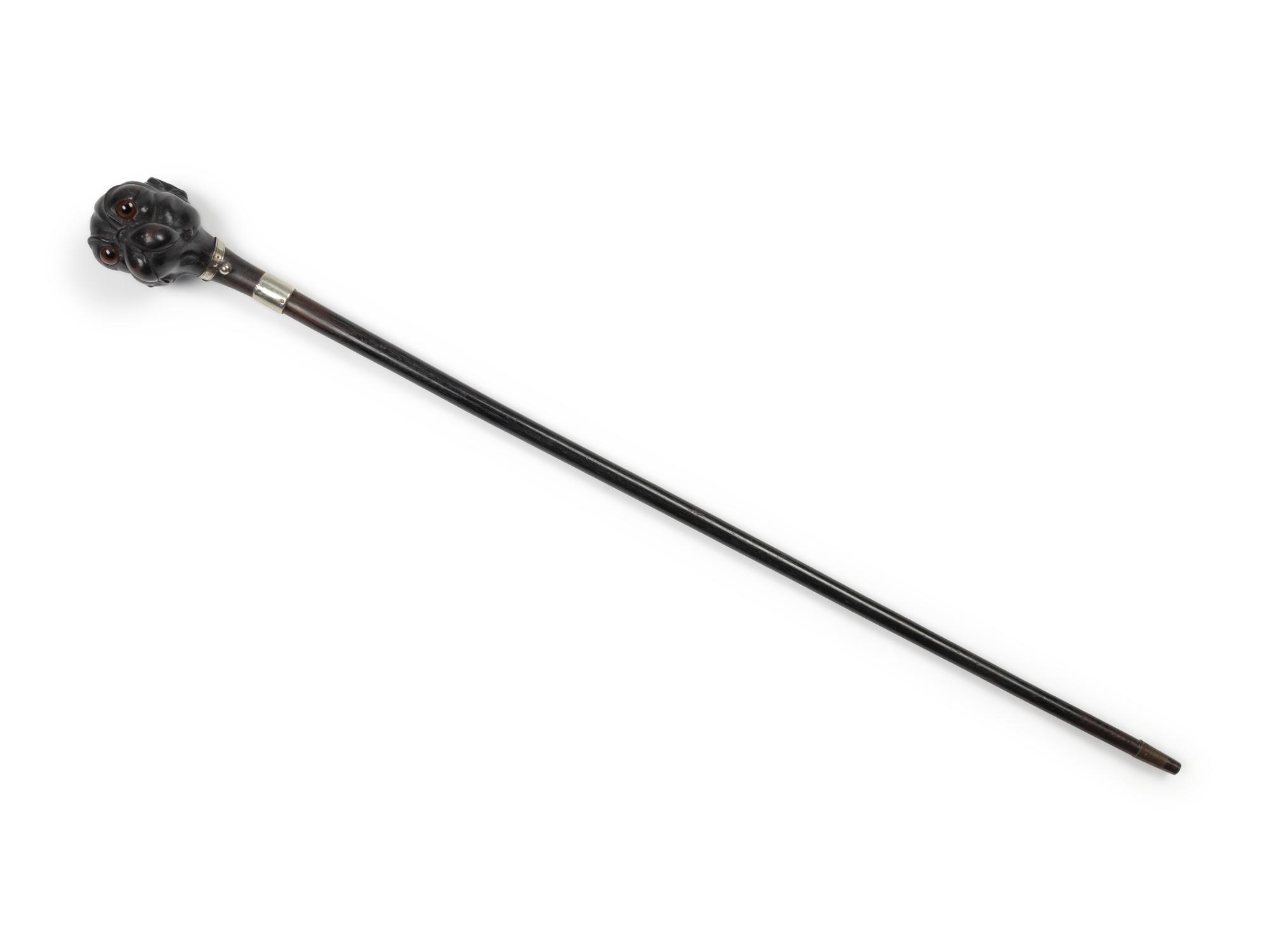 A French Glass-Inset Carved Wood Terrier-Head Walking Stick
