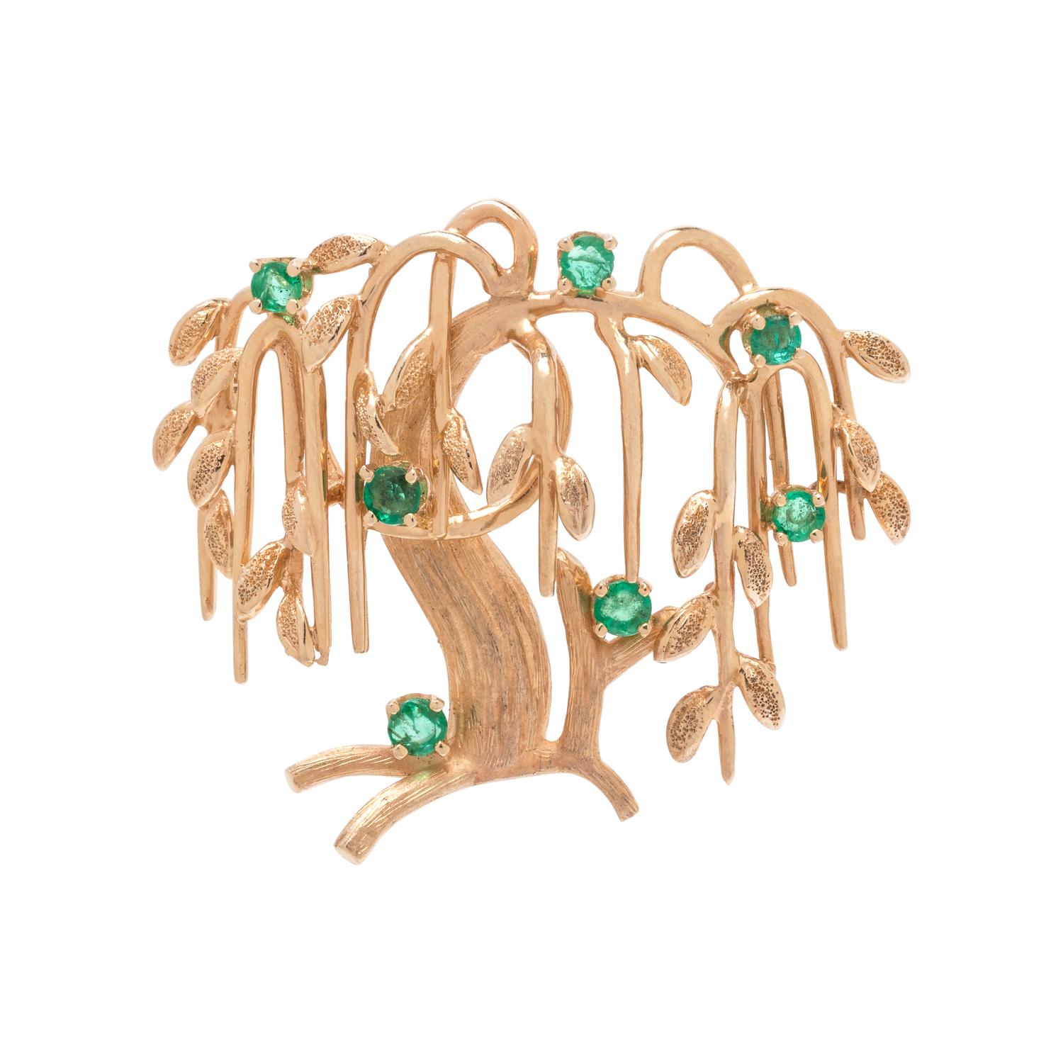 DAN FRERE, YELLOW GOLD AND EMERALD TREE BROOCH