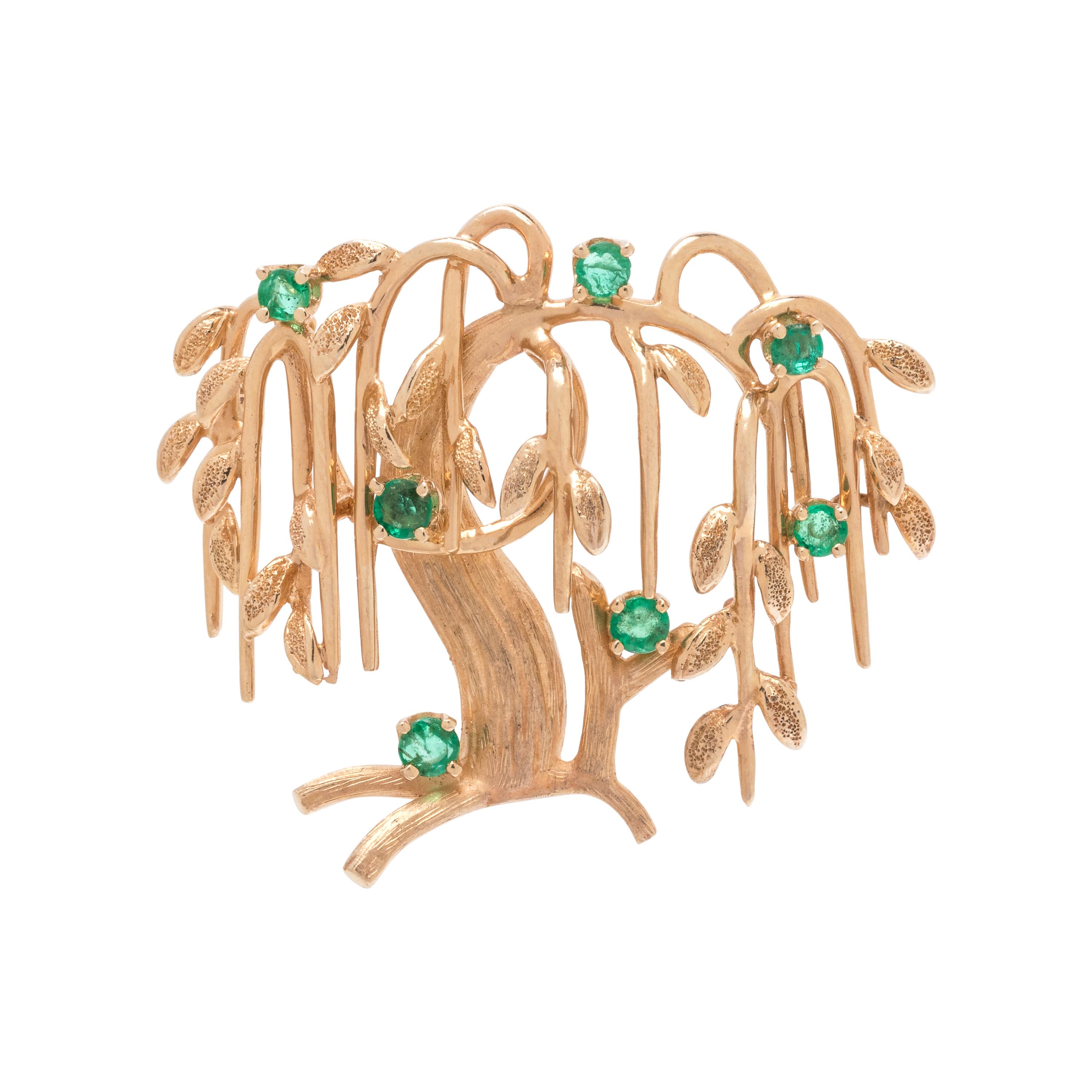 DAN FRERE, YELLOW GOLD AND EMERALD TREE BROOCH