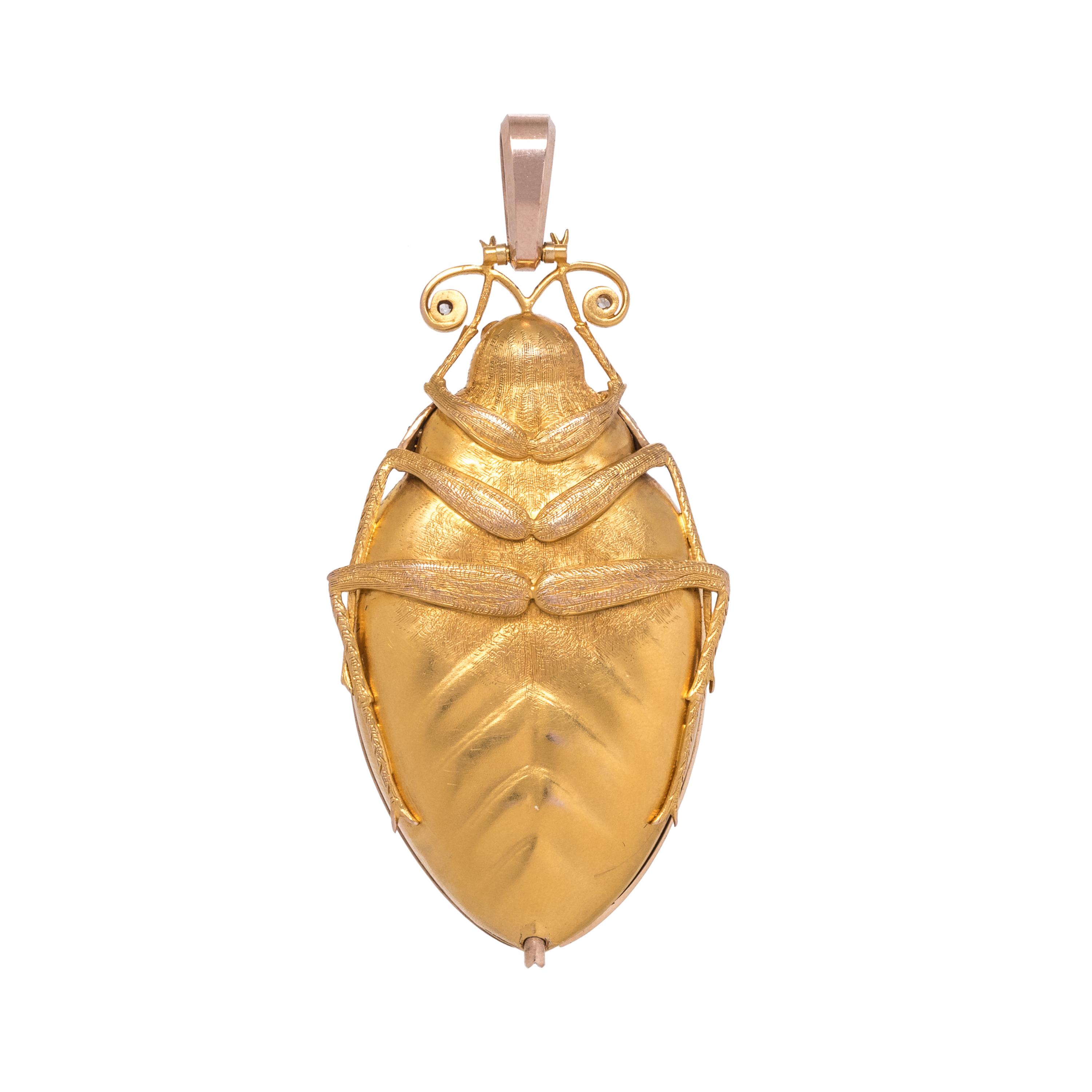 ANTIQUE, YELLOW GOLD, ENAMEL AND DIAMOND BEETLE PENDANT WATCH