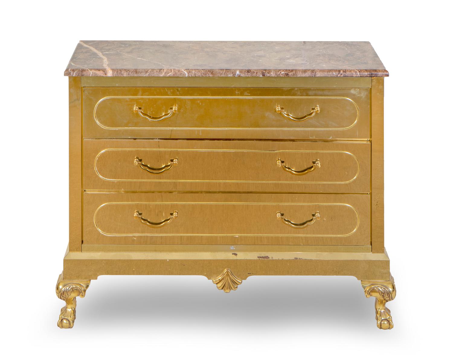 A Hollywood Regency Style Brass Clad Marble Top Chest of Drawers — 20TH CENTURY