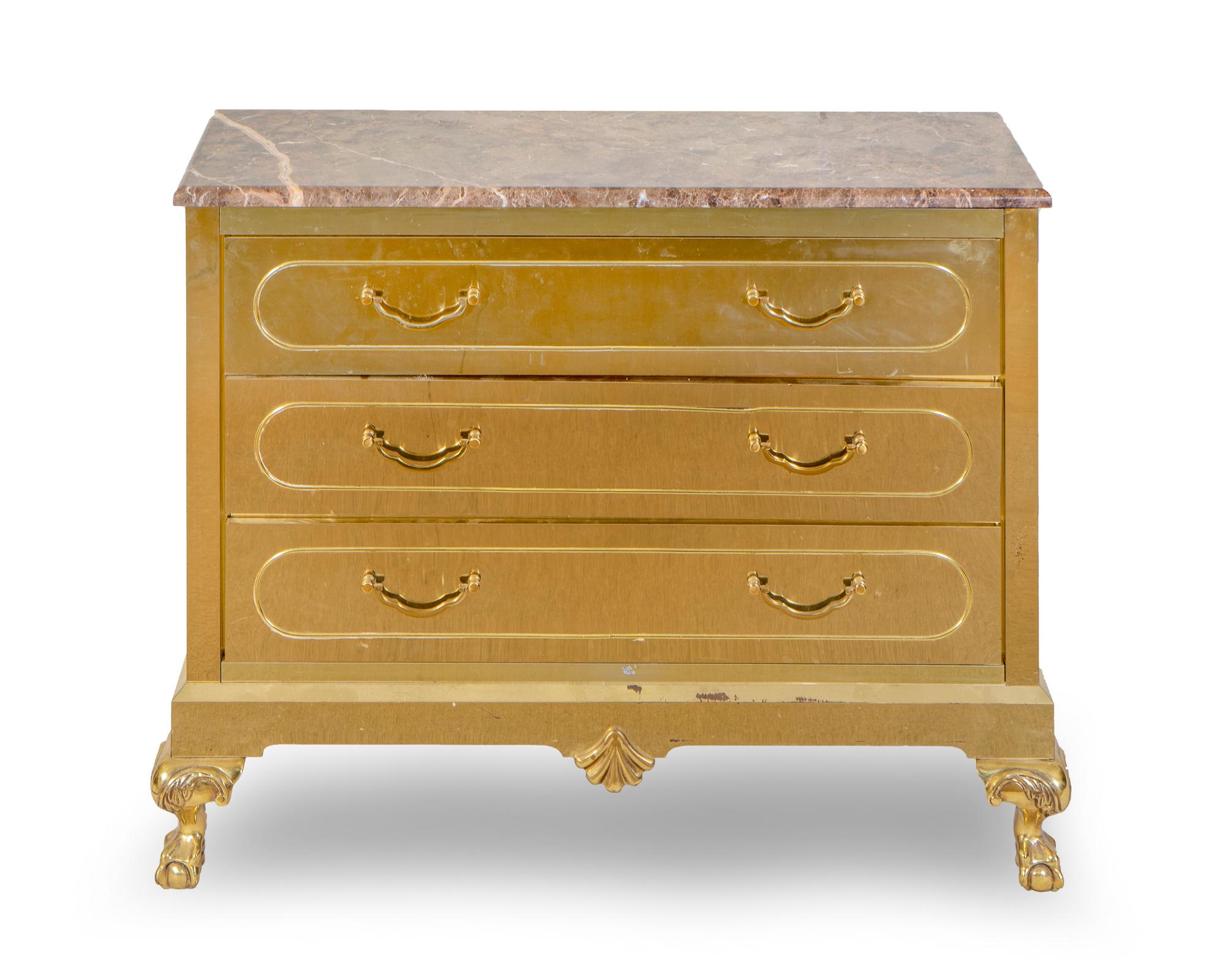 A Hollywood Regency Style Brass Clad Marble Top Chest of Drawers — 20TH CENTURY