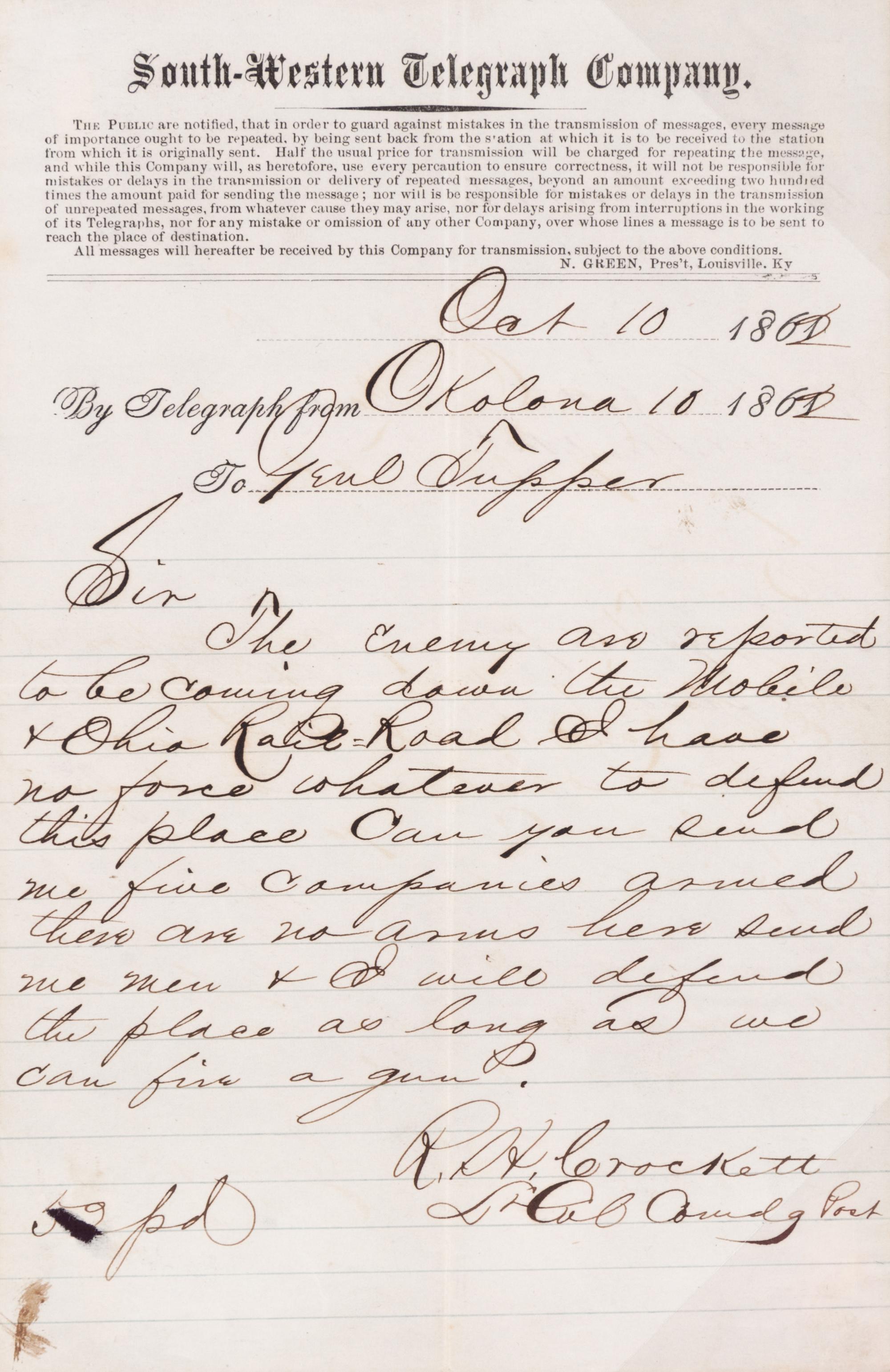(CIVIL WAR; MISSISSIPPI) Six telegrams sent between June 17, 1862 and August 8, 1863.