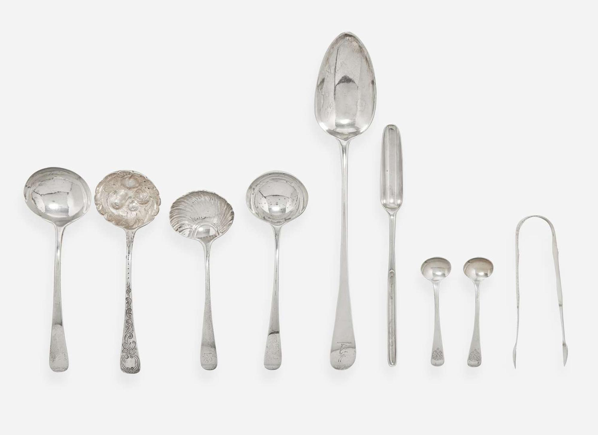 An assorted group of nine George III and Victorian sterling silver tablewares, various makers, various dates ranging 1748-1854