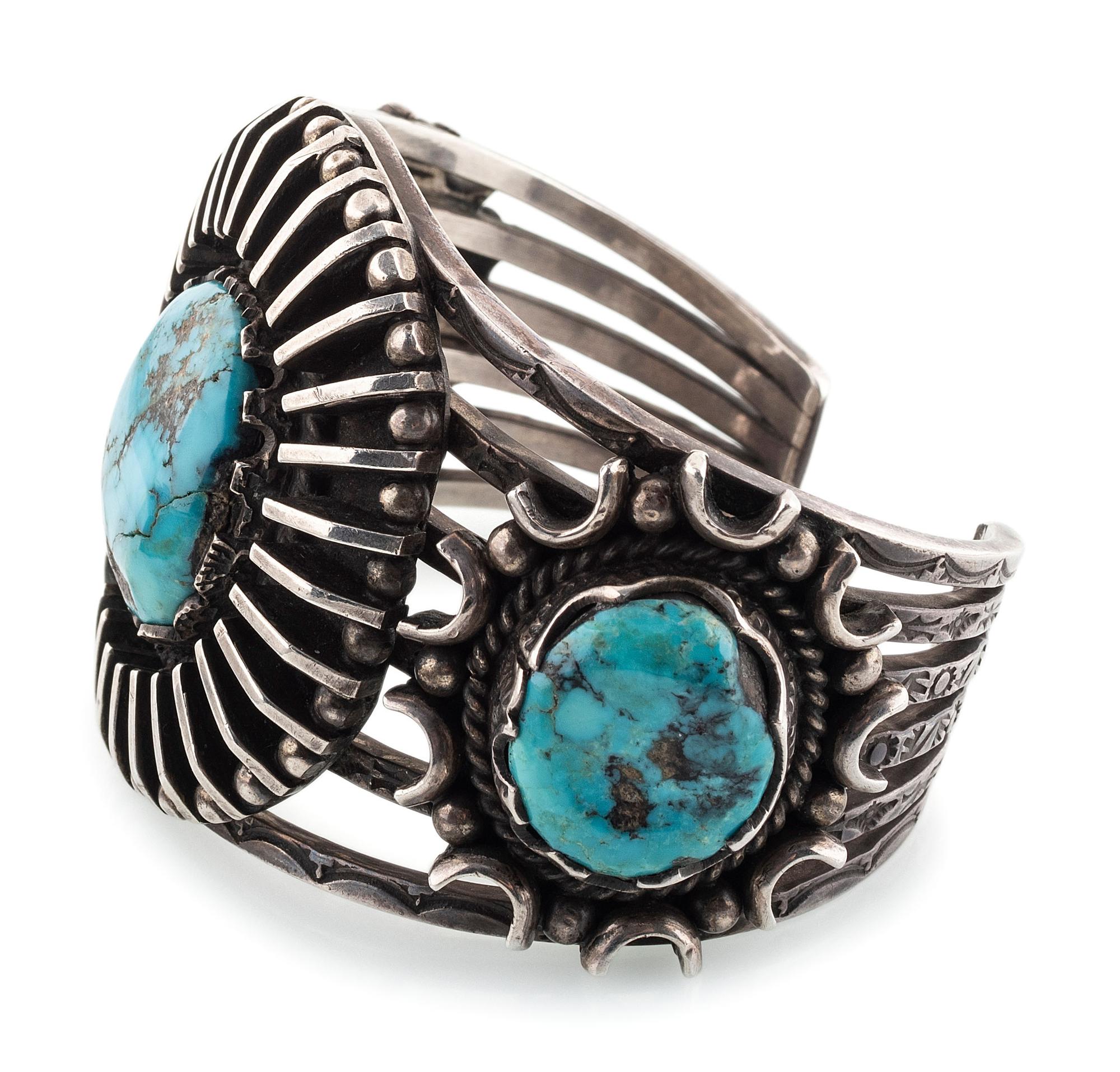 Heavily Stamped Silver and Morenci Turquoise Cuff Bracelet