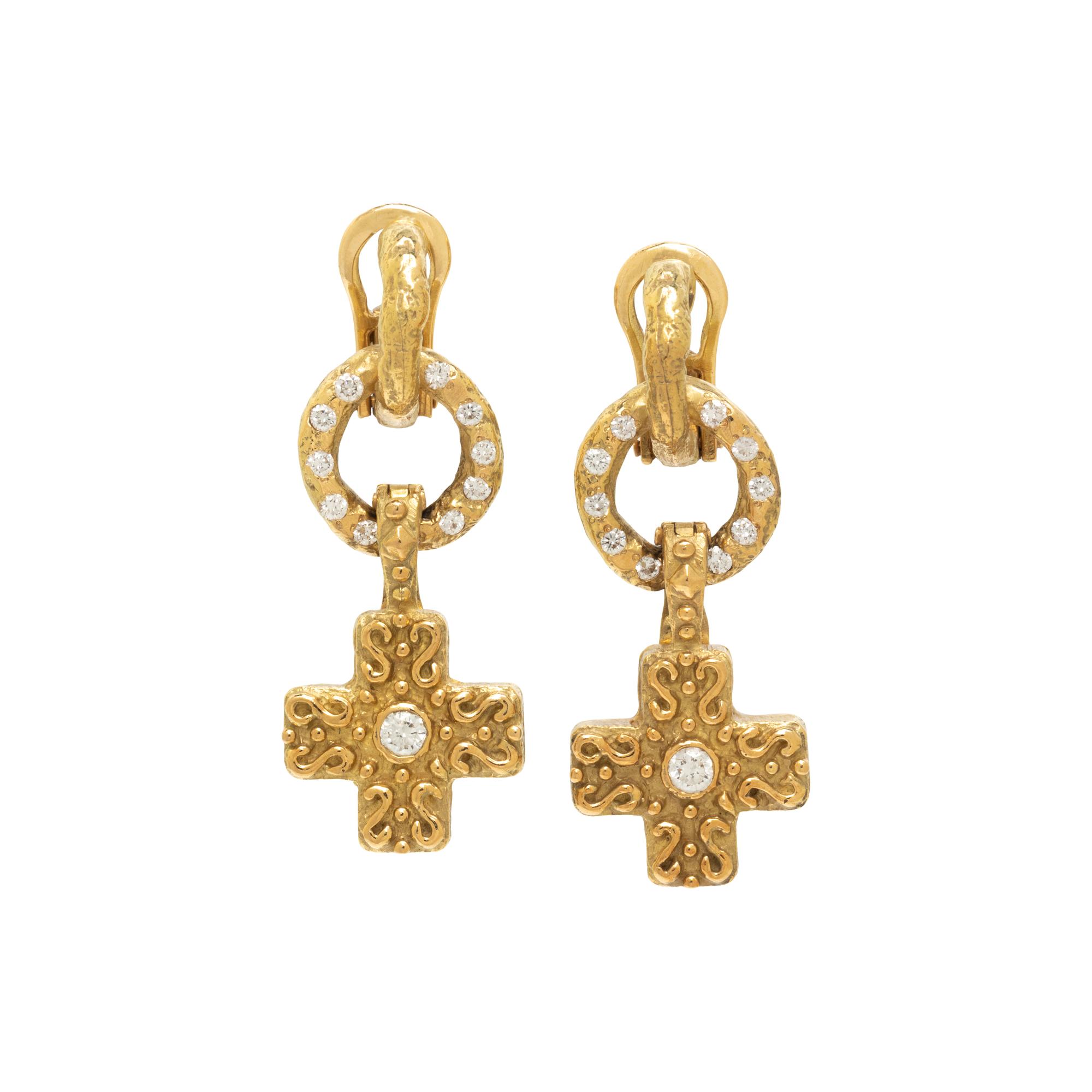 KATY BRISCOE, YELLOW GOLD AND DIAMOND CONVERTIBLE EARRINGS