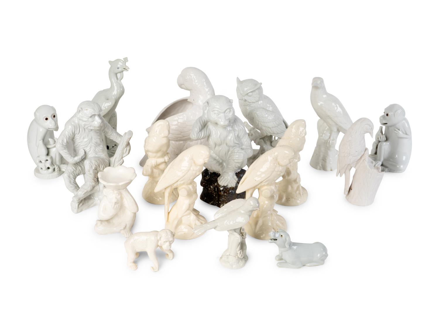 A Large Group of European and Asian White-Glazed Porcelain Birds and Monkeys — 20TH CENTURY