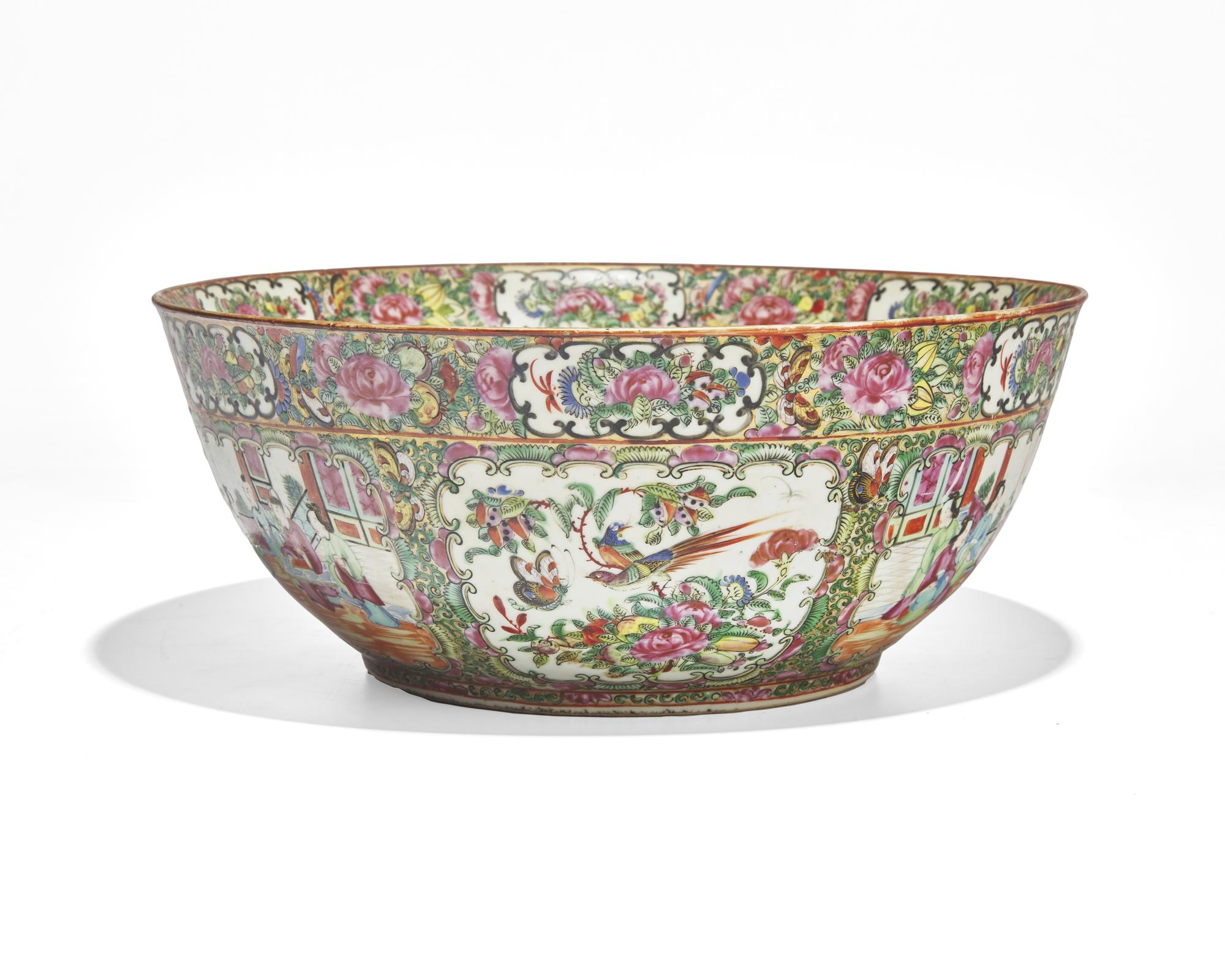 A Chinese Export Rose Medallion Porcelain Punch Bowl and Small Oval Platter
