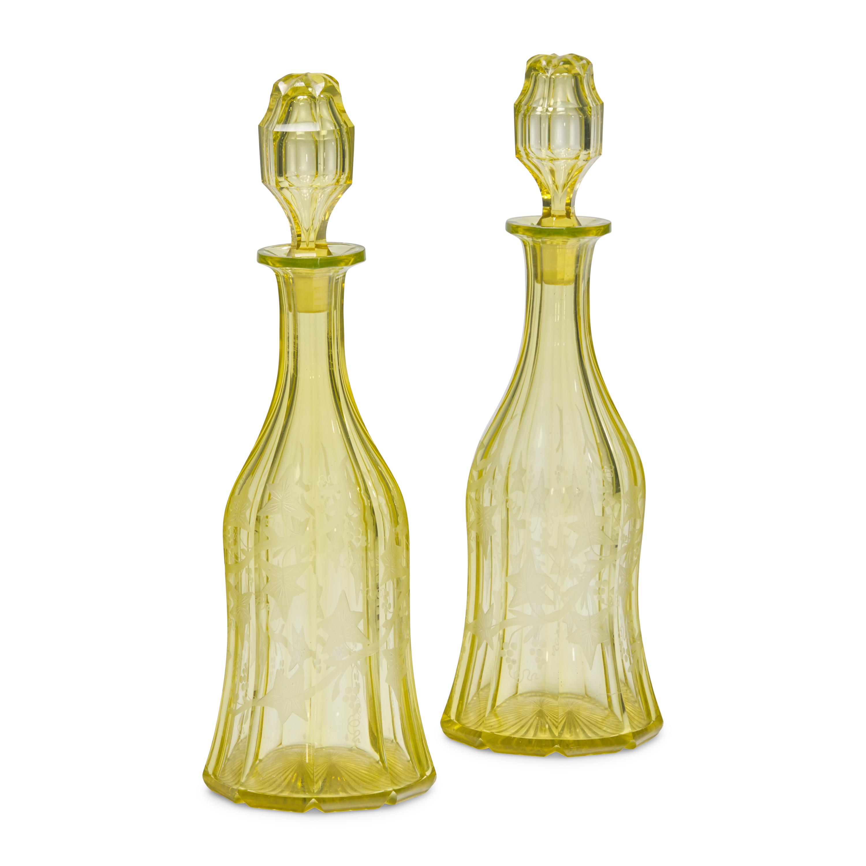 A Pair of English Cut and Etched Uranium Glass Decanters