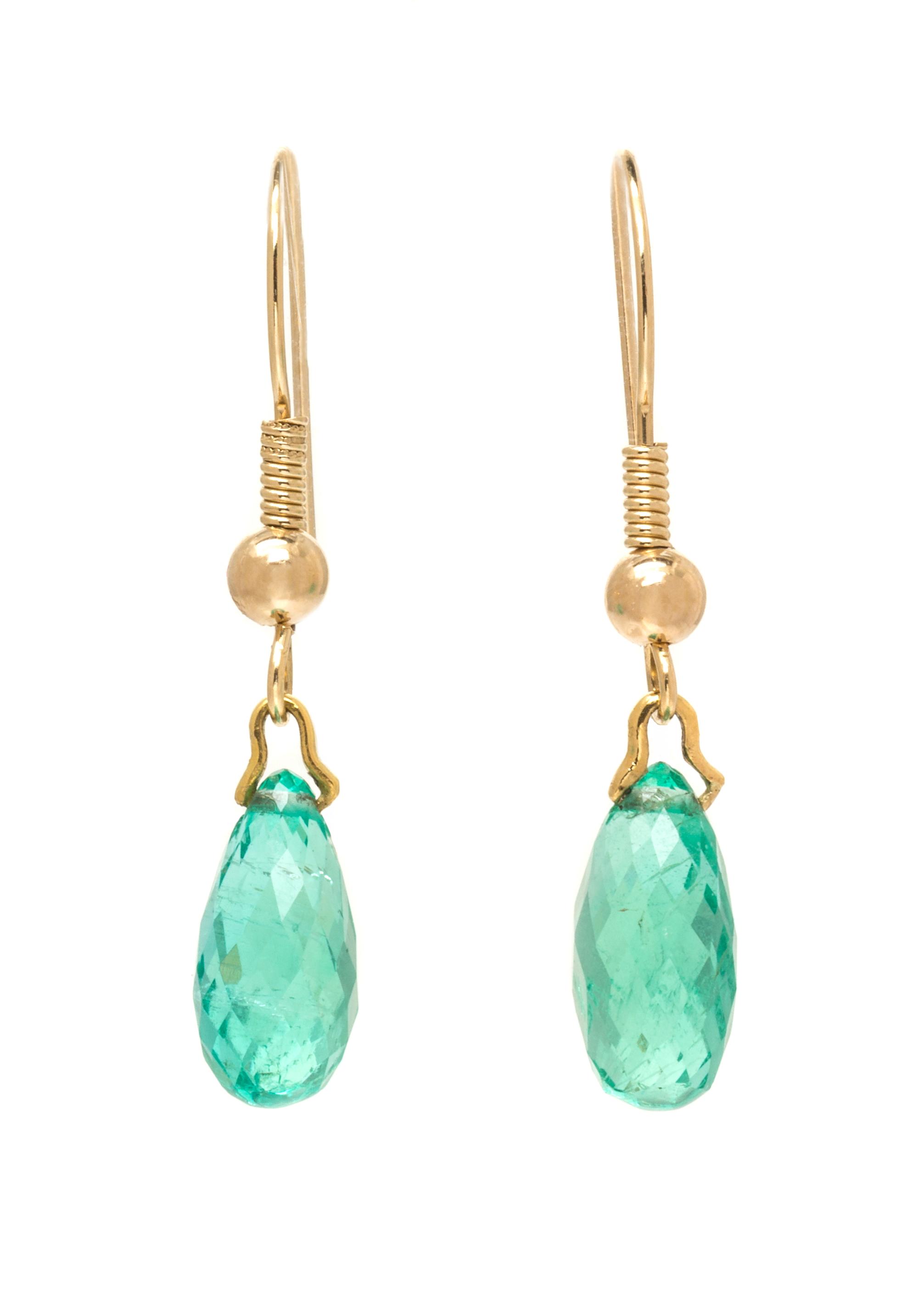 A Pair of 14 Karat Yellow Gold and Emerald Drop Earrings, 1.80 dwts.