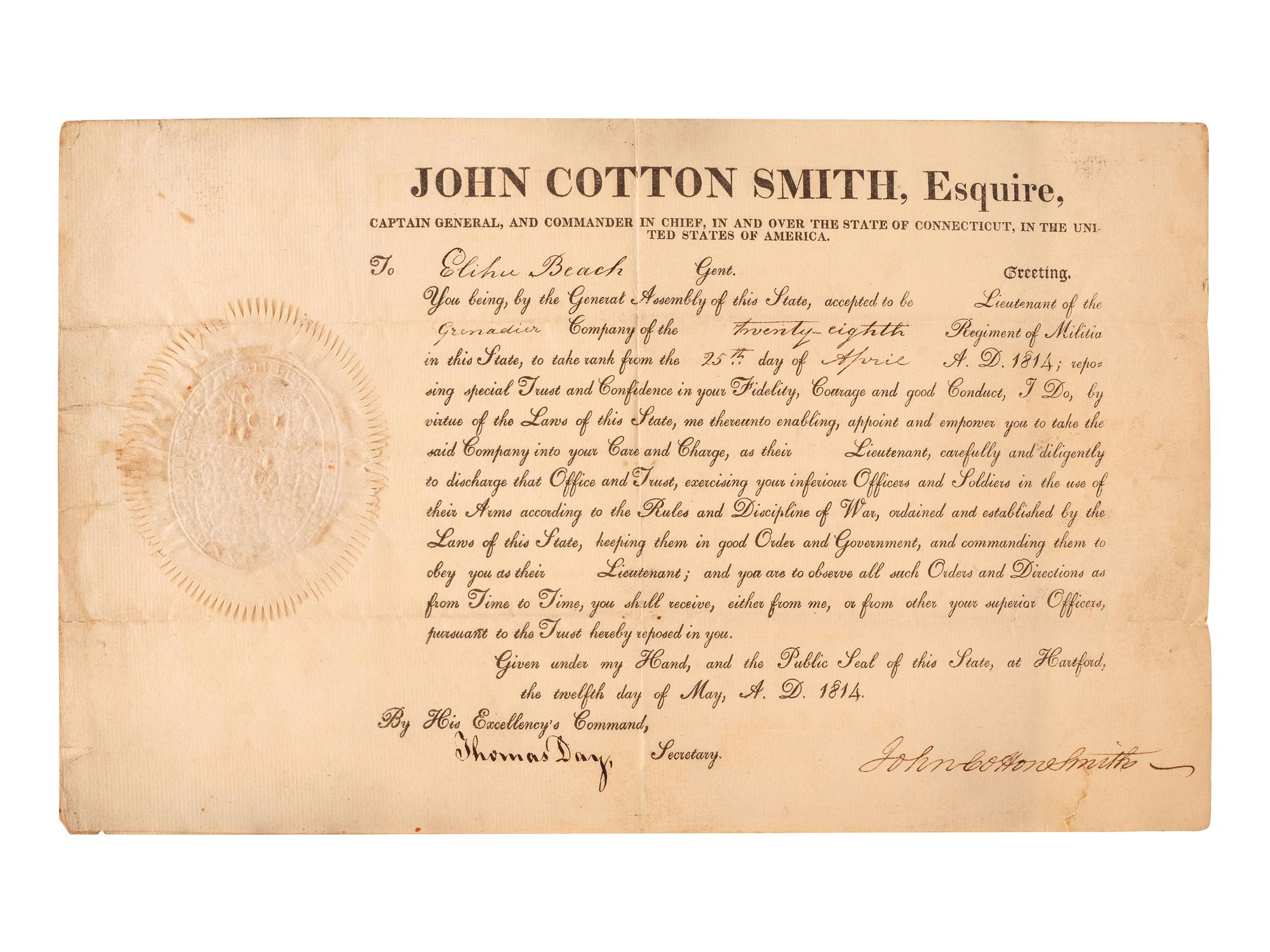 [MILITIA]. A group of documents related to nineteenth-century state militias, including broadsides and a War of 1812 appointment signed by Connecticut Governor John Cotton Smith.
